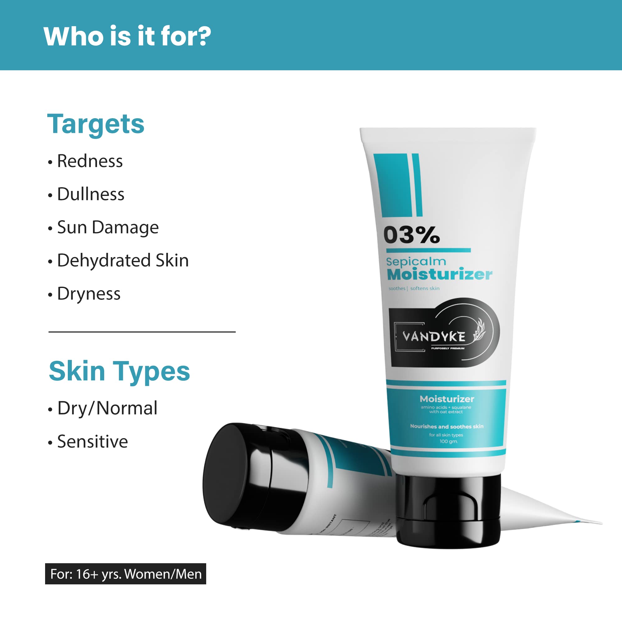 Vandyke 3% Sepicalm Oat Extract Face Moisturizer for Oily & Sensitive Skin - Fragrance Free, 100ml - Hydrating Daily Cream for Acne Prone & Redness Relief - Perfect for Morning & Night Skincare Routine