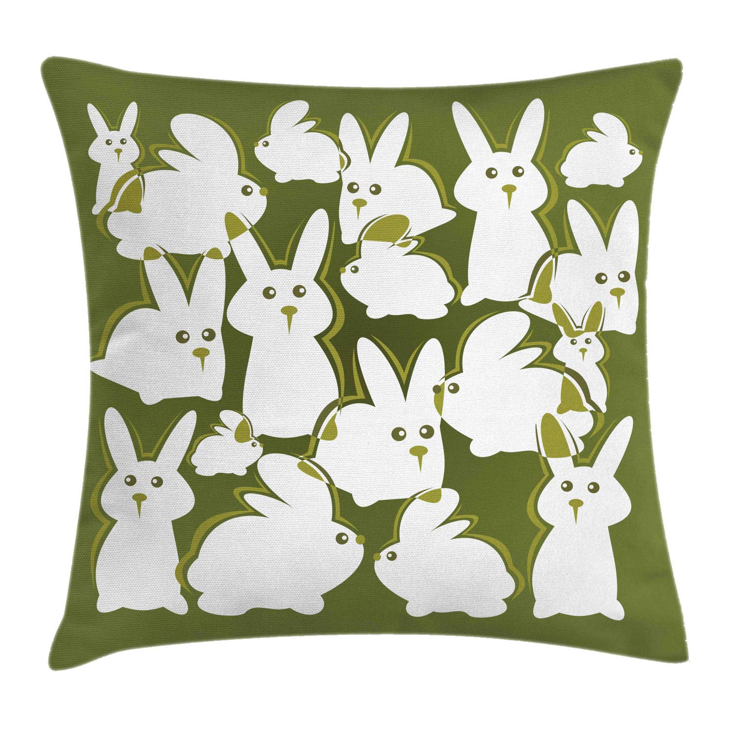 Ambesonne Funny Cartoon Bunny Throw Pillow Cover 18x18 Inch - Easter White Rabbits on Green Backdrop Decorative Square Cushion Case - Perfect for Sofa, Bedroom, Living Room & Easter Home Decor