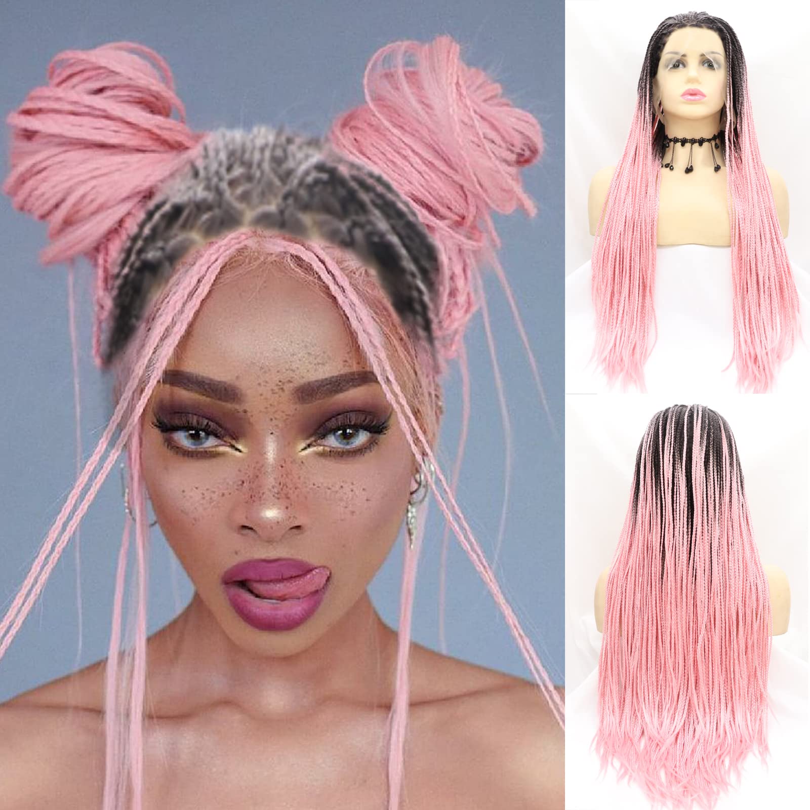 26 Inch Pink Braid Lace Front Wig - Heat Resistant Synthetic Hair with Realistic Long Black to Peach Pink Ombre - Perfect for Black Women, Drag Queen Cosplay, Parties & Everyday Wear