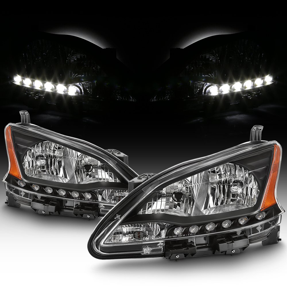 AKKON LED Daytime Running Lights for 2016-2018 Nissan Sentra - Black Housing with Clear Lens - Complete Headlight Assembly - Upgrade Your Car's Style & Visibility for Day & Night Driving