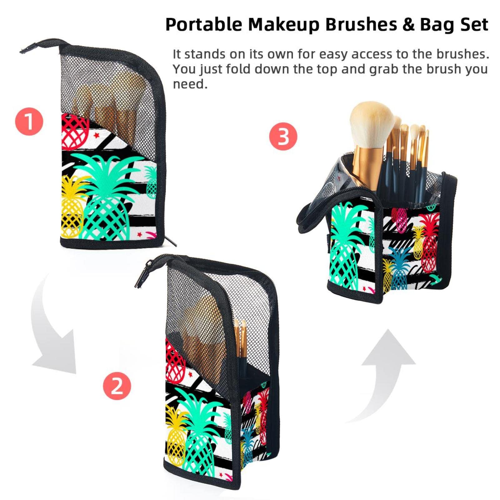 Portable Makeup Brush Organizer Bag with 12 Slots - Pineapple Geometric Stripes Cosmetic Brush Holder Case - Perfect for Travel, Home Vanity & Professional Makeup Artists