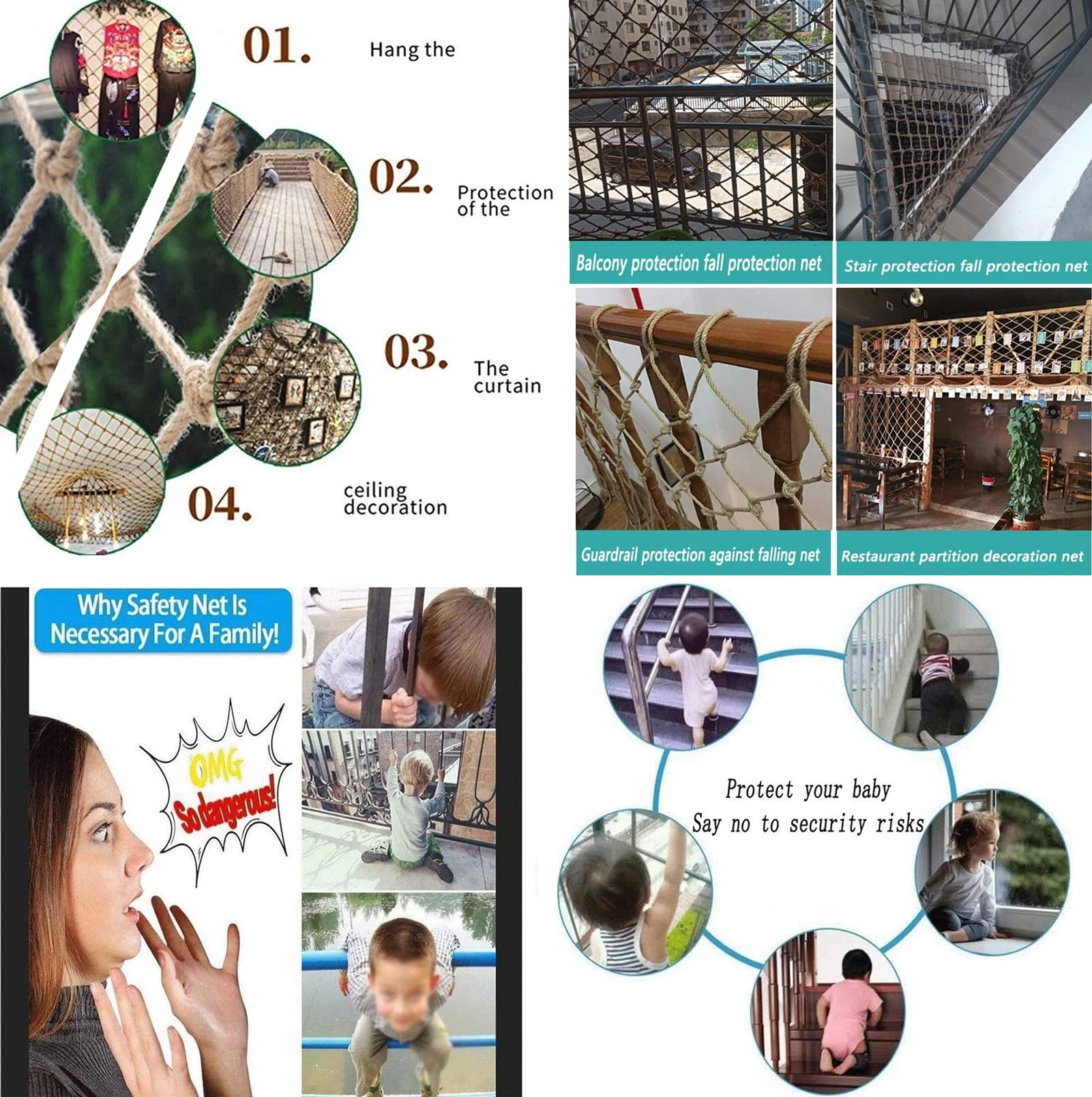 KACQIHTU Durable Hemp Rope Safety Net for Kids - Childproof Stair & Balcony Railing Guard, Garden & Playground Climbing Protection Net | Perfect for Home Safety, Outdoor Play Areas & Treehouse Adventures