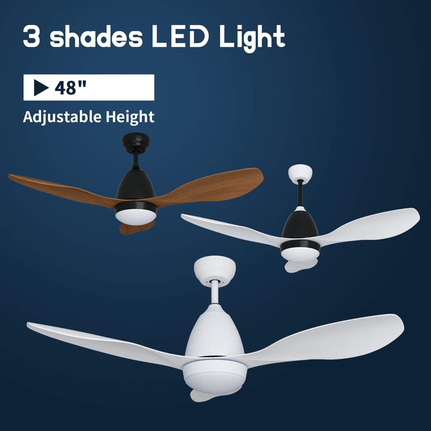 1200mm DC Motor Ceiling Fan with 3 Colors LED Light & 3 Blades - Energy Efficient Cooling for Living Room, Bedroom, and Office Spaces