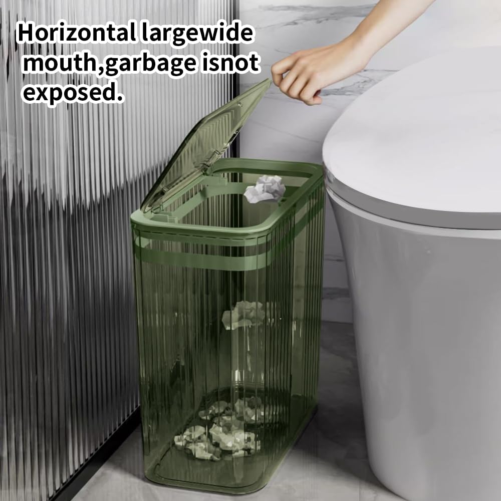Clear Plastic Trash Can with Press-Top Lid - 3.5 Gallon (15L) Slim Waste Basket for Bathroom, Bedroom, Office & Kitchen - Eco-Friendly Green Garbage Bin for Home Use - Perfect for Small Spaces & Odor Control