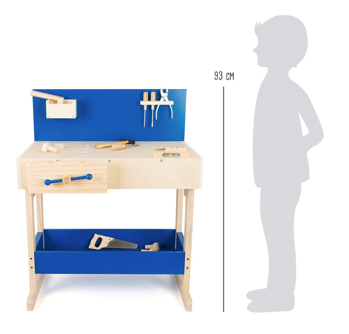 Natural and Blue Wooden Workbench for Kids Ages 8+ | Large Worktop with Tools Included | Perfect for DIY Projects, Woodworking, and STEM Learning Activities