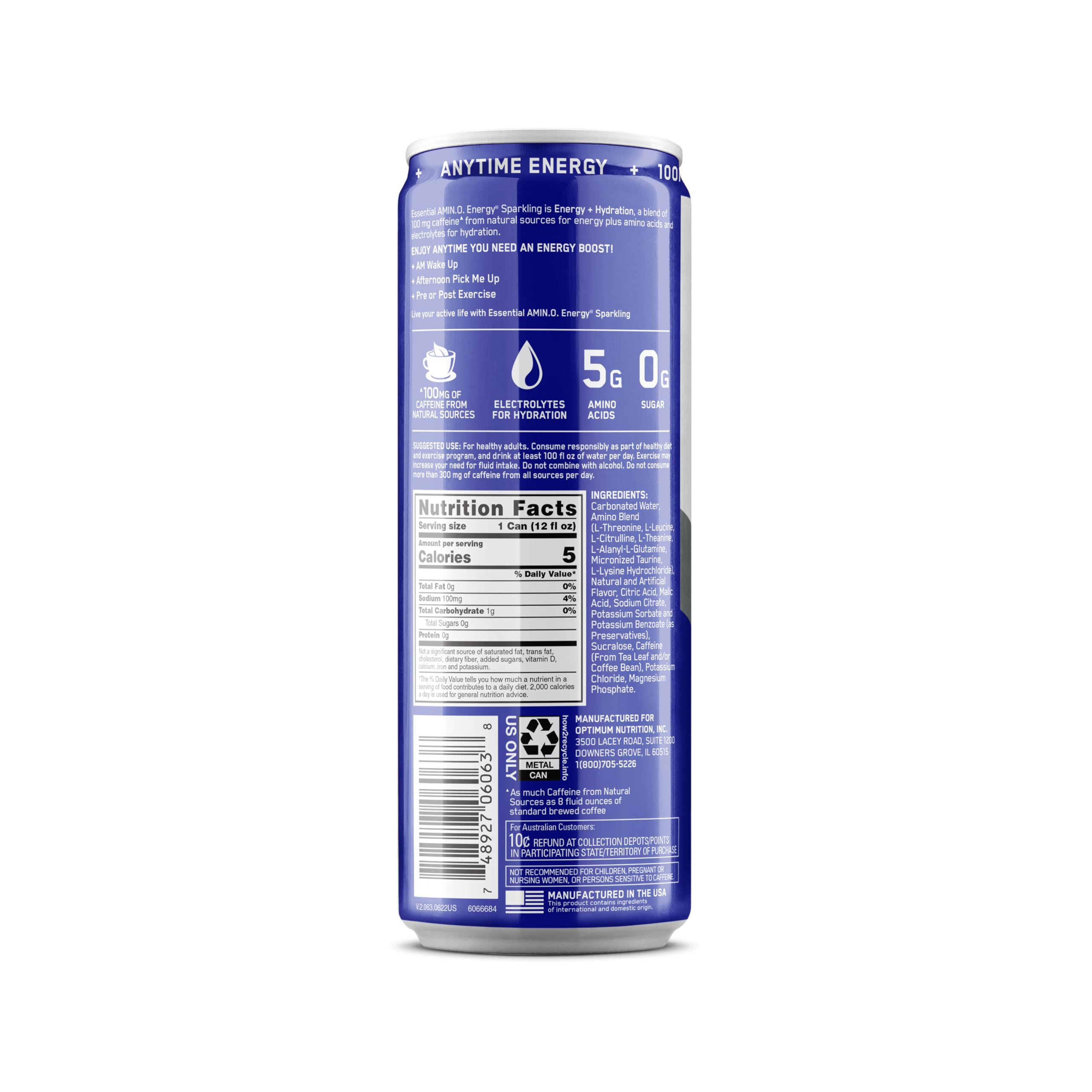 Optimum Nutrition Amino Energy Sparkling Hydration Drink with Electrolytes, Caffeine & BCAAs - Sugar Free Blueberry Lemonade Flavor, 12 Fl Oz (12 Pack) - Perfect for Workouts, Post-Exercise Recovery & Daily Hydration