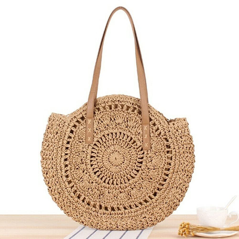 Women's Handwoven Rattan Straw Round Beach Shoulder Bag - Boho Chic Crossbody Purse for Travel, Picnic, and Summer Outings