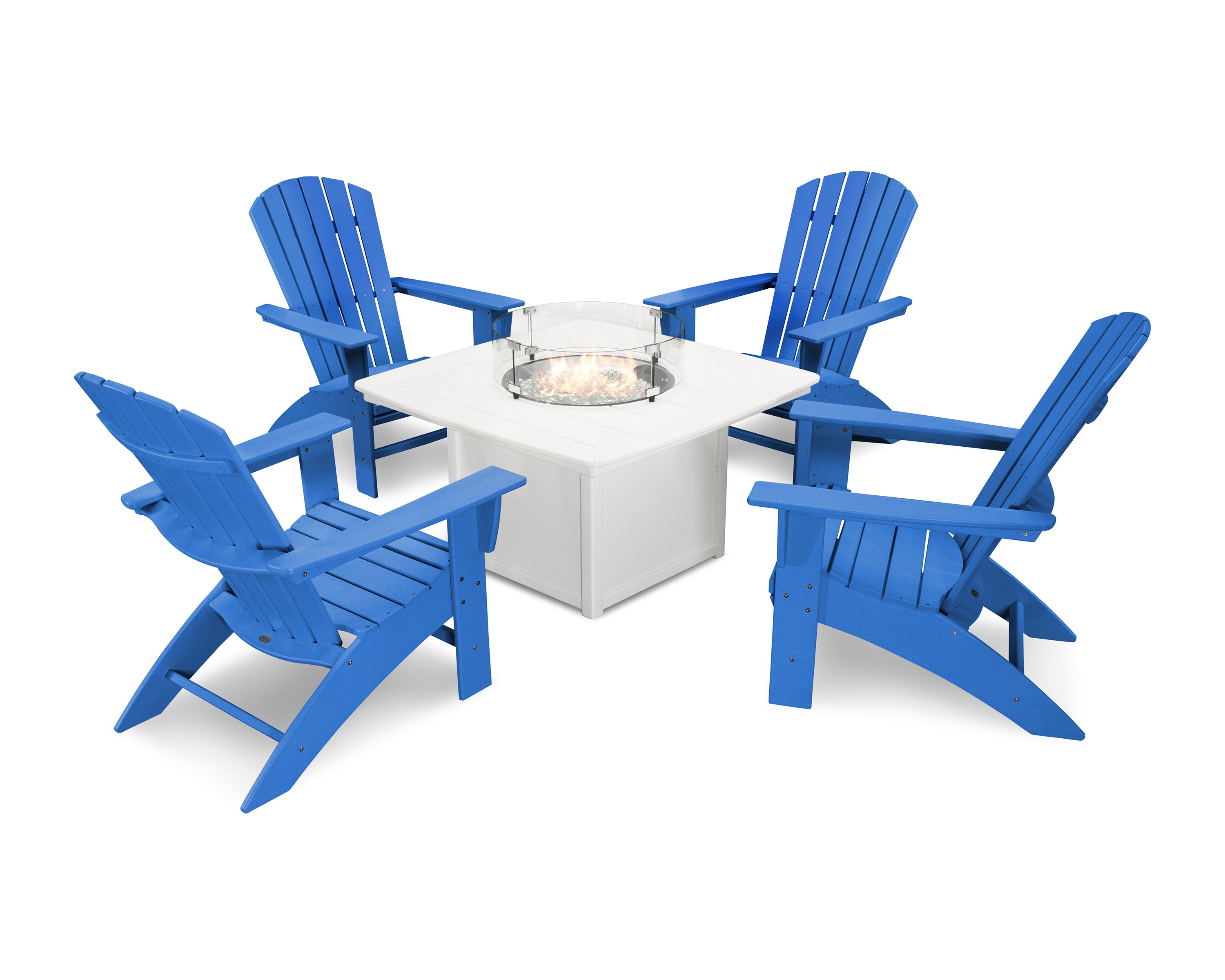 POLYWOOD Nautical Curveback Adirondack 5-Piece Outdoor Conversation Set with Fire Pit Table - Perfect for Patio, Deck, Poolside & Backyard Relaxation