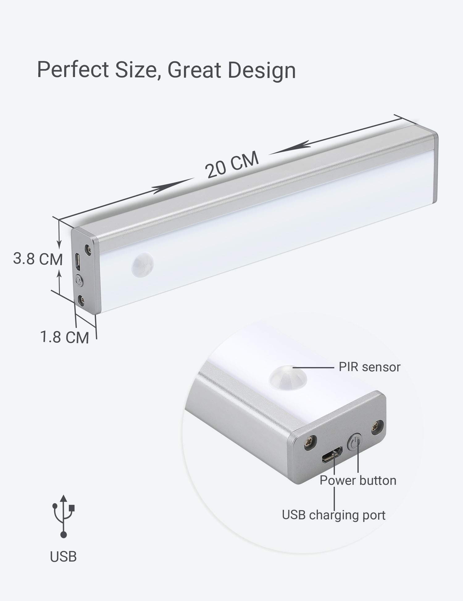 Joyzy 2 Pack Wireless Under Cabinet Lights with Motion Sensor - Rechargeable Battery Operated Closet Lighting for Kitchen Pantry, Wardrobe & Counter Spaces - USB Cordless LED Night Lights for Home & Office Use