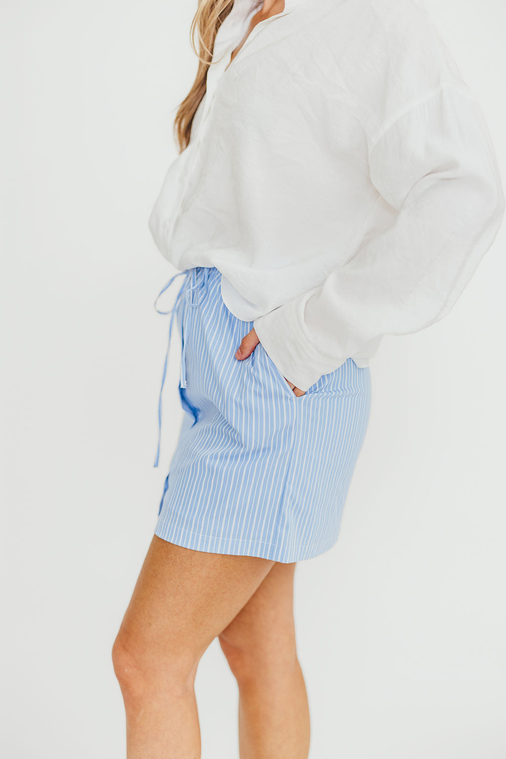 Sia Light Blue Striped Poplin Drawstring Skort - Women's Casual Summer Skirt Shorts for Beach, Golf, and Everyday Wear