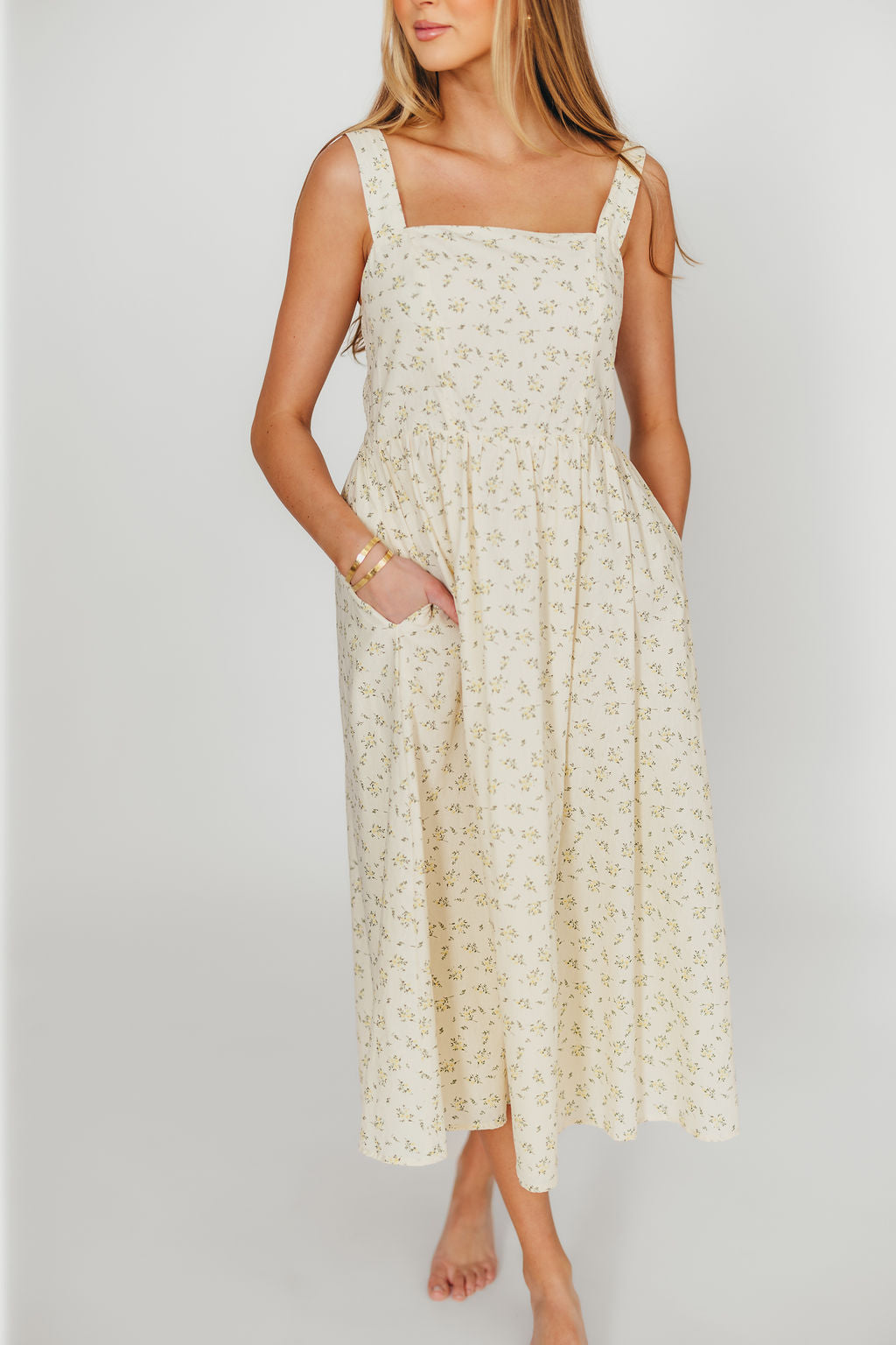 Tinsley 100% Cotton Floral Print Midi Dress - Cream | Women's Summer Casual Dress for Beach, Brunch & Date Night