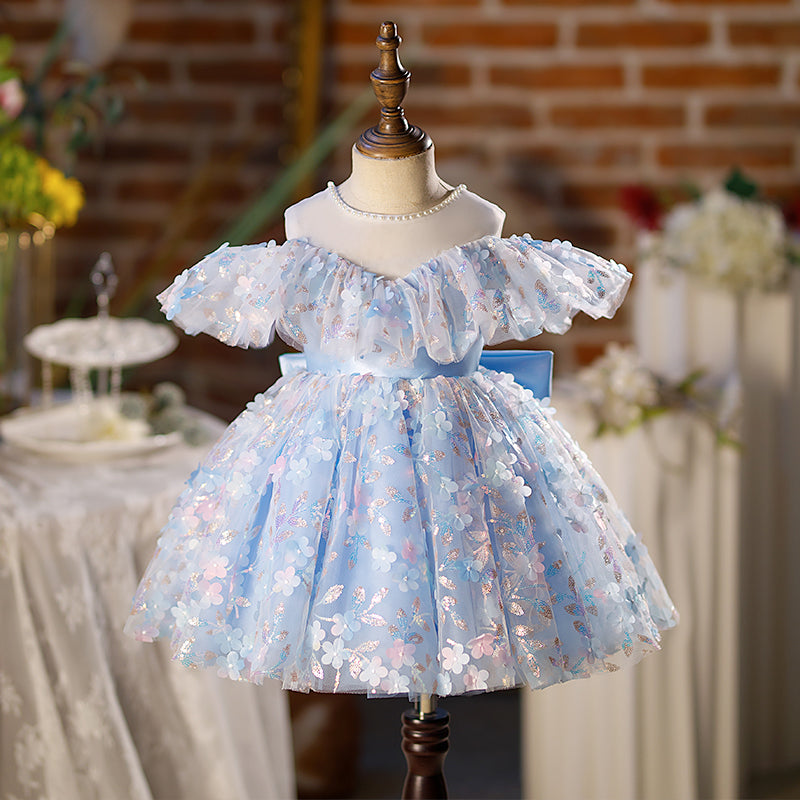 Sparkly Blue Sequin Flower Girl Dress with Cold Shoulder & Floral Bows – Perfect for Weddings, Pageants & Special Occasions