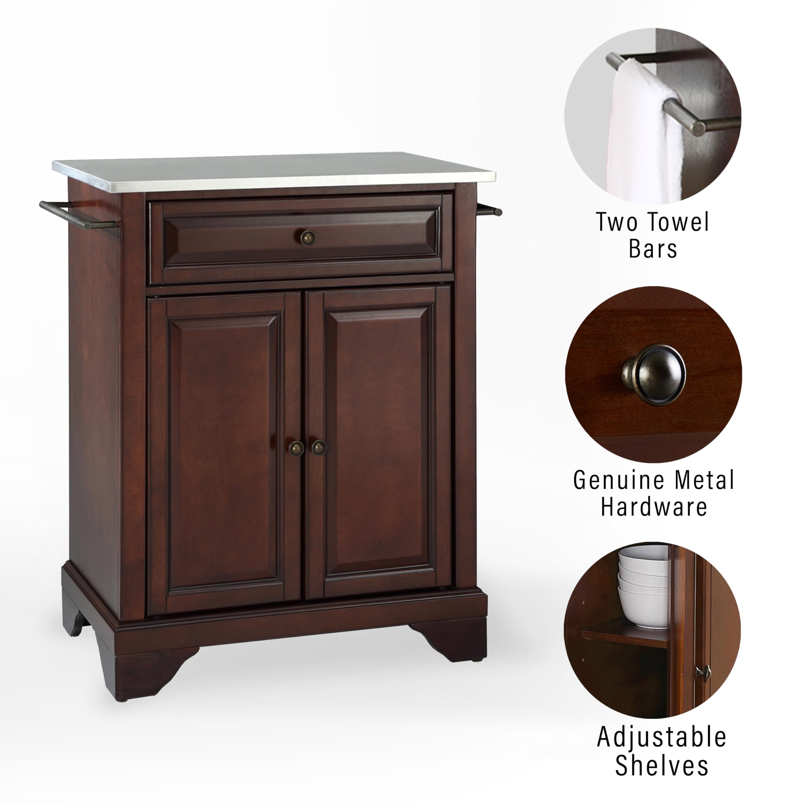 Crosley Lafayette Stainless Steel Top Rolling Kitchen Island Cart with Storage - Microwave Stand, Mahogany Finish for Small Spaces | Perfect for Apartment Cooking, Breakfast Nook & Compact Kitchen Organization