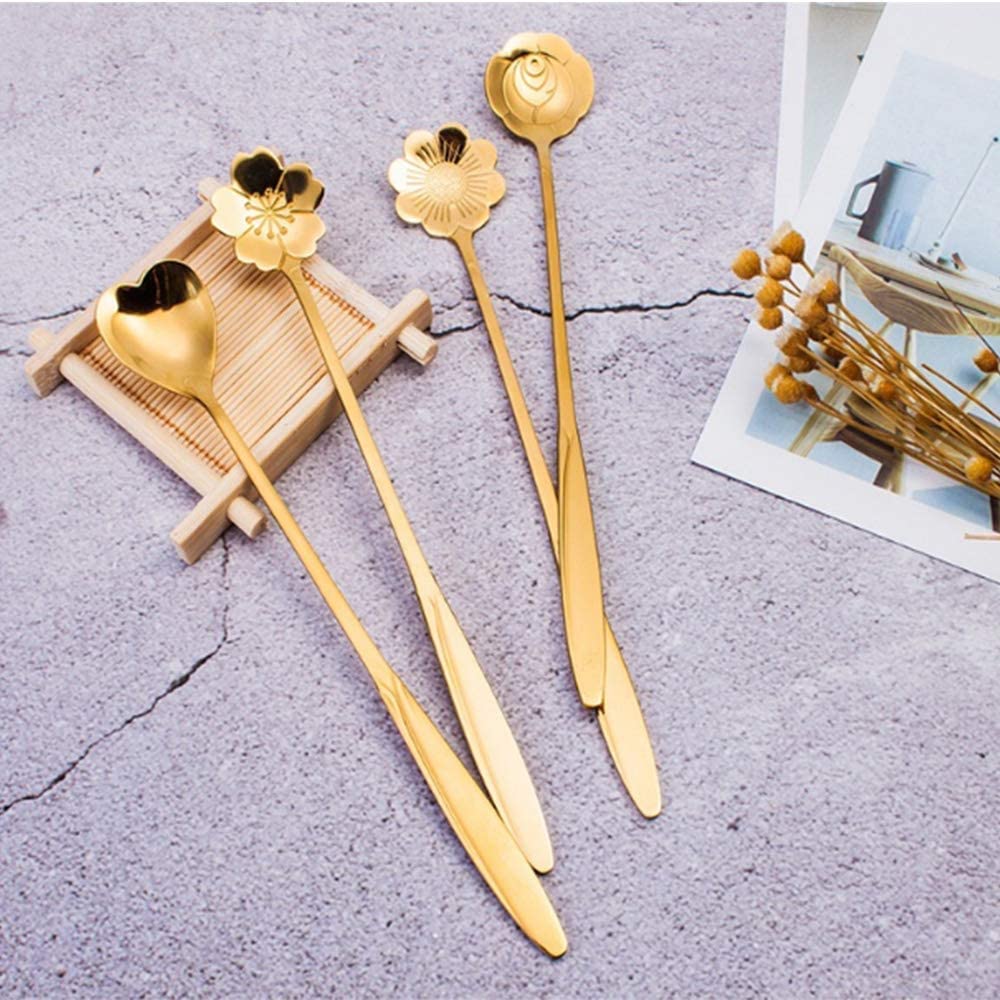 Zacova 18cm 4-Piece Stainless Steel Gold Flower Coffee Spoon Set - Elegant Dessert & Tea Spoons for Kitchen, Dining & Gifting - Perfect for Coffee Shops, Restaurants & Home Entertaining