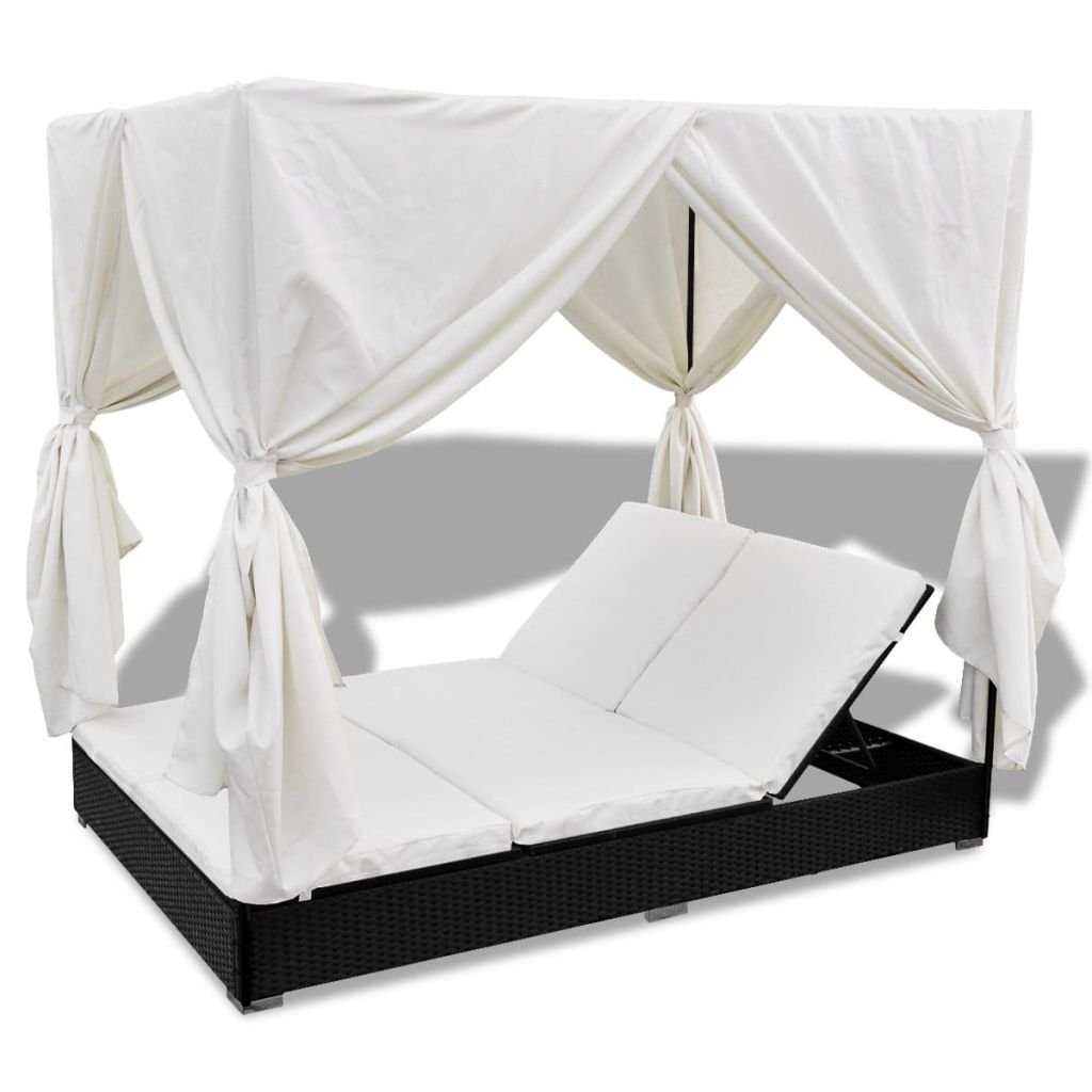 Keenso Sun Lounger Set - 7-Position Adjustable Poly Rattan Double Chaise Longue with Curtains | Outdoor Reclining Chair & Daybed for Patio, Garden, Poolside (Black) | Perfect for Relaxing, Sunbathing & Lounging by the Pool