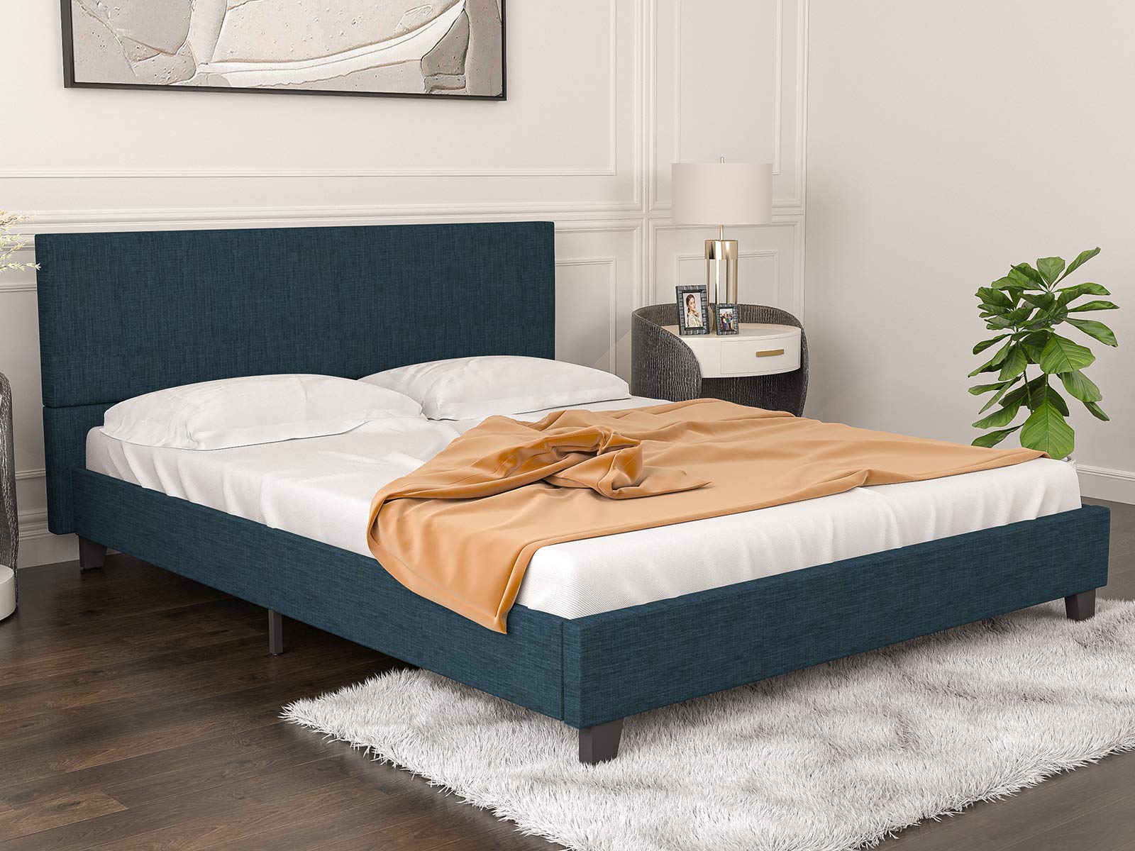 Mecor Full Size Upholstered Platform Bed Frame with Linen Fabric Headboard - Sturdy Metal Frame & Wood Slat Support, No Box Spring Required - Blue - Perfect for Modern Bedrooms, Guest Rooms & Small Spaces