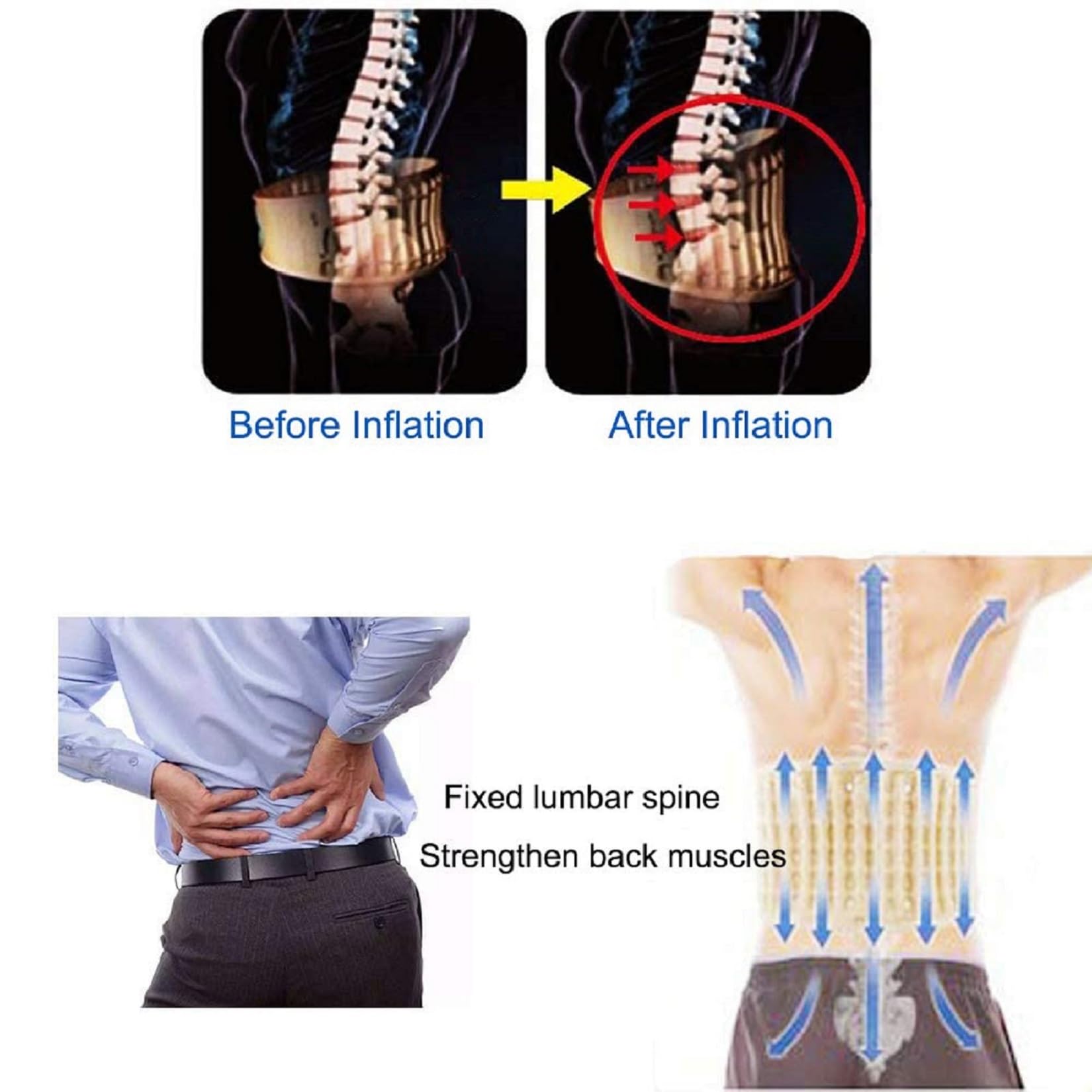 Inflatable Lumbar Support Belt for Back Pain Relief - Adjustable Back Decompression Belt (Fits Waist 29-49