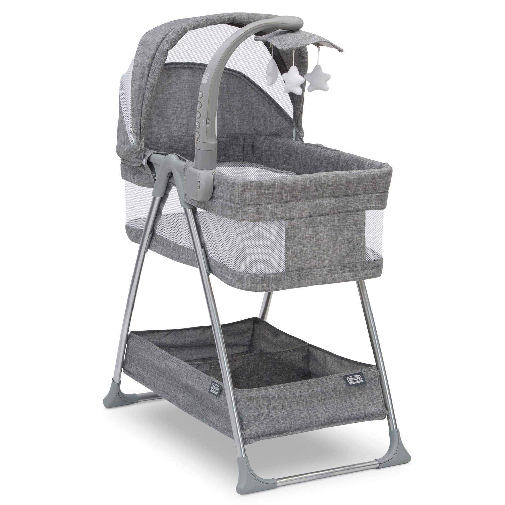 Simmons Kids City Sleeper Portable Bassinet & Bedside Crib with Nightlight, Vibration, Rotating Stars & Activity Mobile - Grey Tweed | Perfect for Newborns & Nursery Room Decor