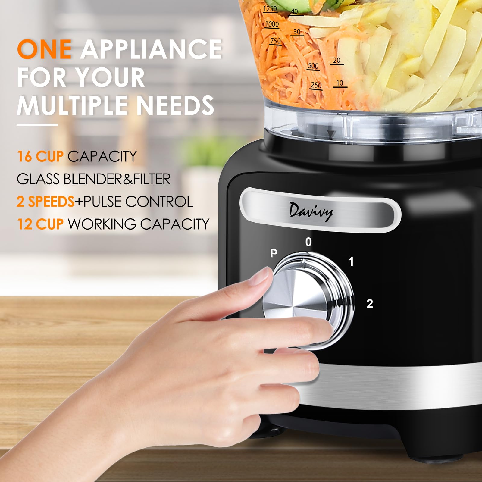 Davivy 16-Cup Food Processor Blender Combo - 600W 10-in-1 for Chopping & Blending - Perfect for Home Cooking