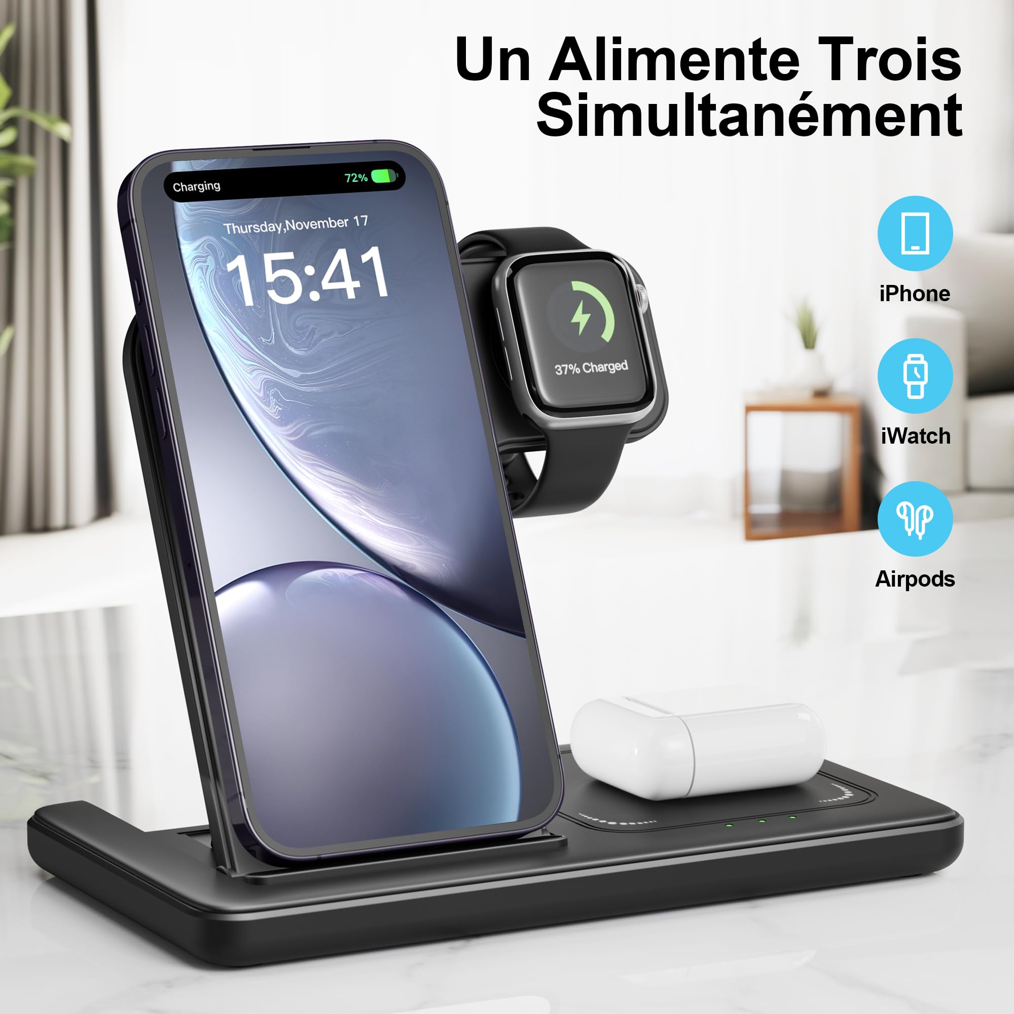 3-in-1 Magnetic Wireless Charger Stand - 15W Fast Charging for iPhone 16/15/14/13/12 Series, Apple Watch Ultra/SE/Series 9-3 & AirPods Pro/4/3/2 - Multi-Device Charging Station for Home, Office & Travel