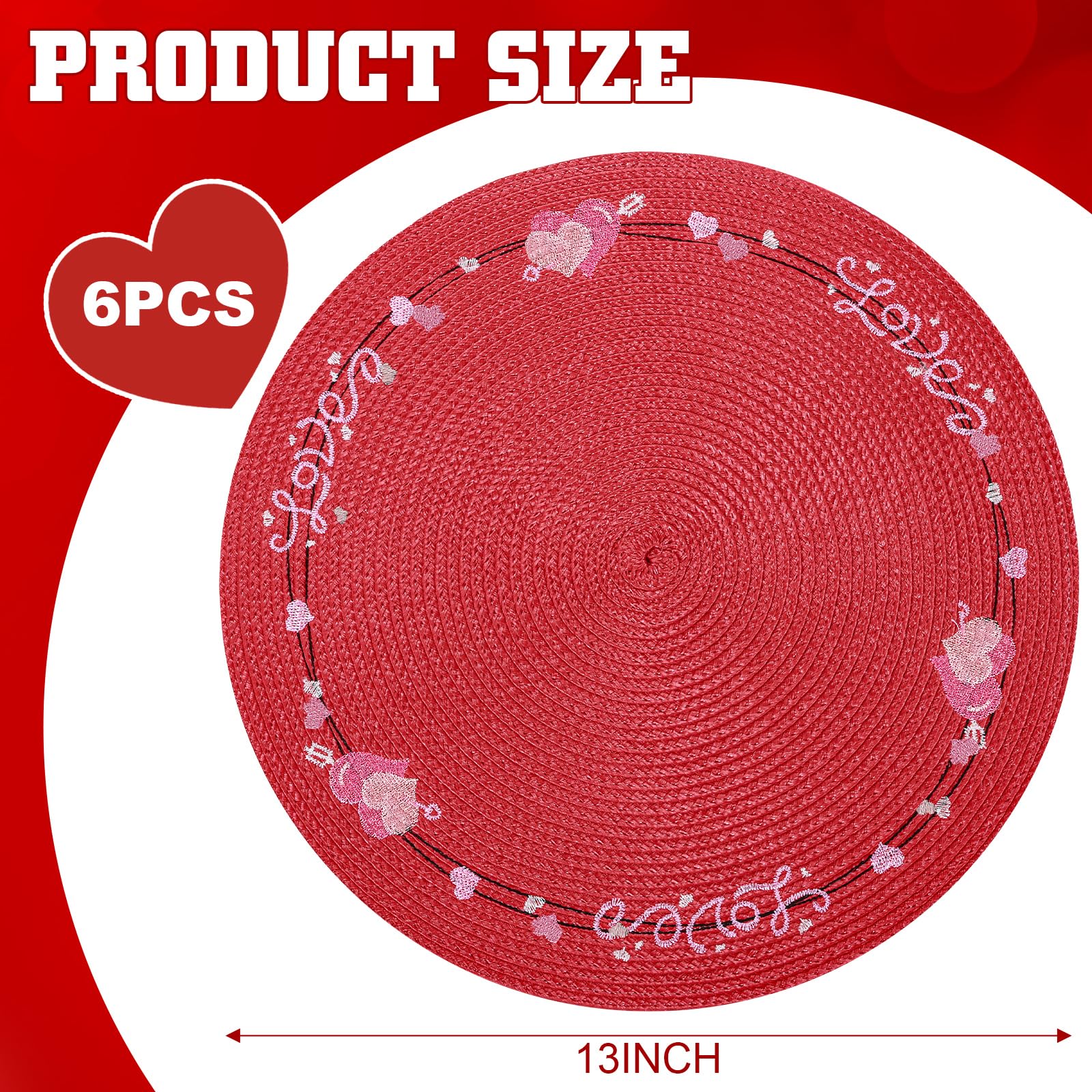 6-Piece Heart-Shaped Placemats Set - Red Round Table Decor for Weddings, Mother's Day & Farmhouse Dining | Indoor Kitchen Decorations for Parties & Everyday Use