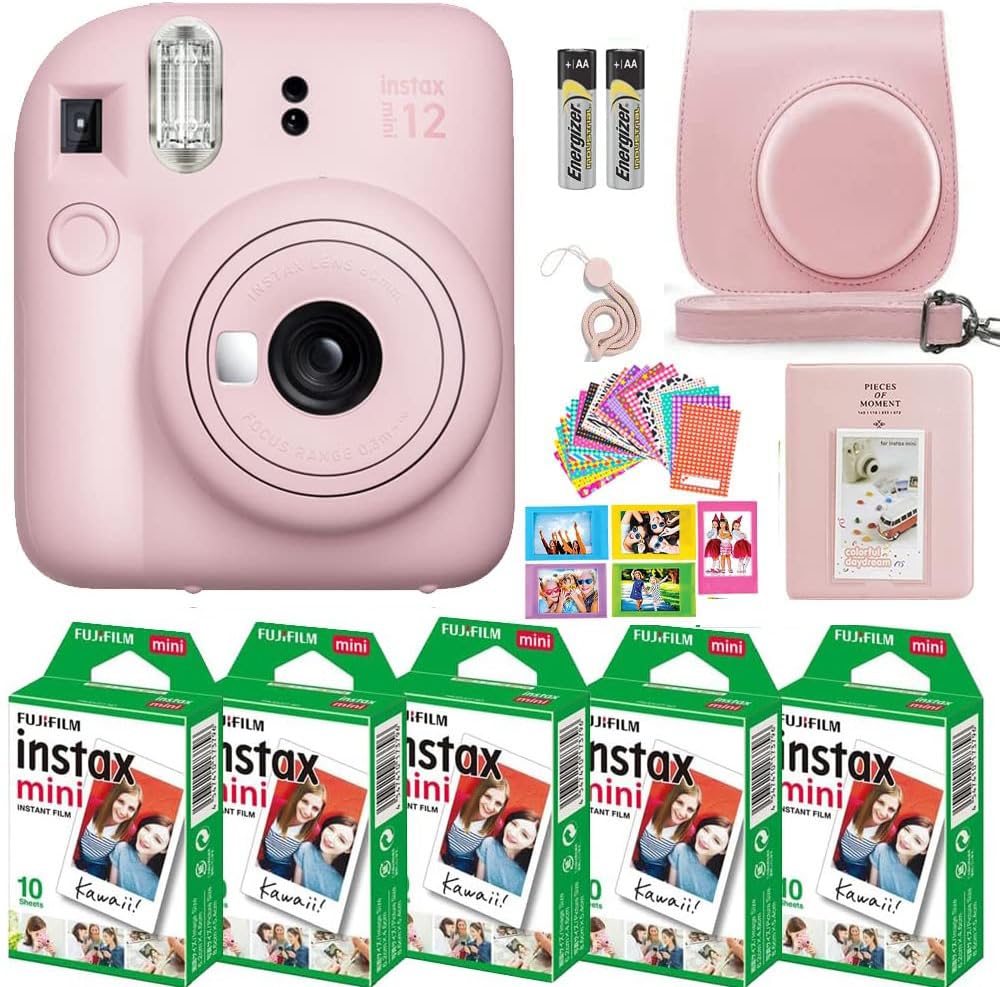 Fujifilm Instax Mini 12 Instant Camera Bundle with 50 Sheets Film, Case, Strap, Photo Album & Stickers - Pink for Parties, Travel & DIY Scrapbooking