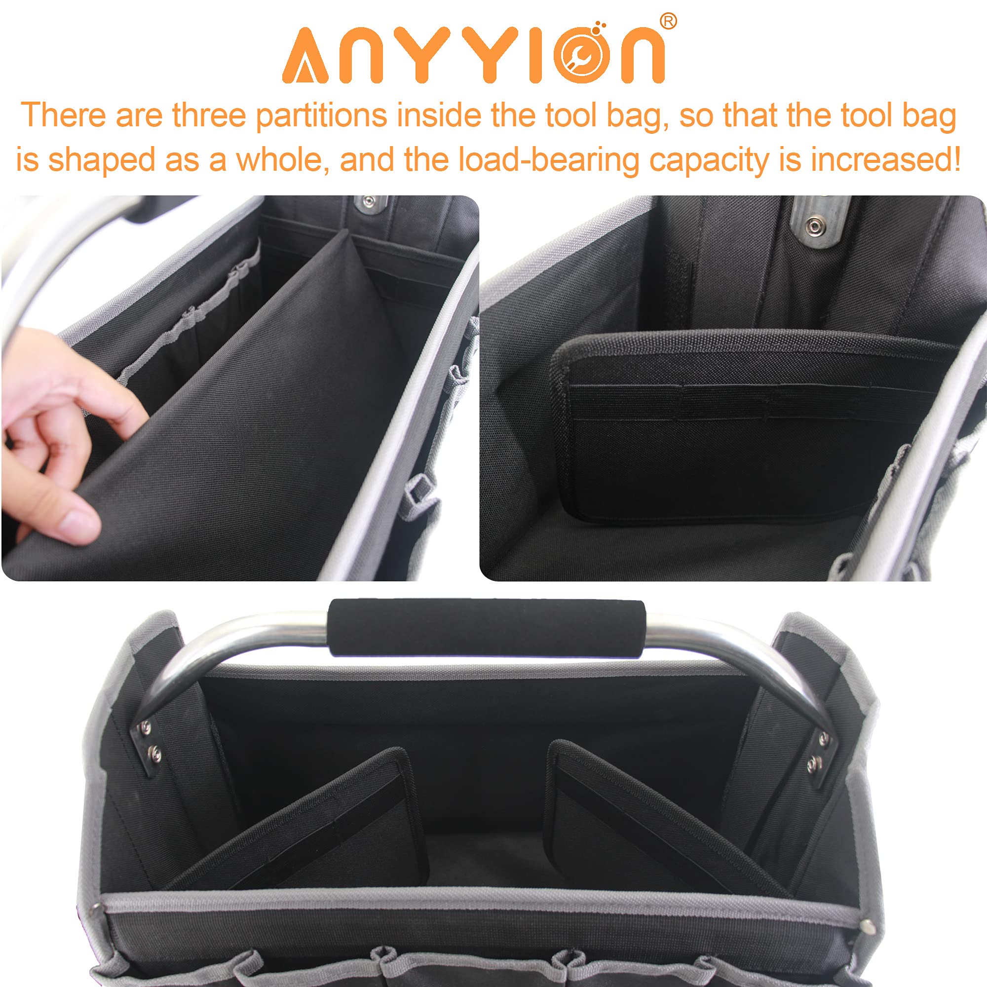 **Anyyion 16.5in Electrician Tool Bag with Multiple Pockets – Heavy-Duty Open Top Tool Organizer for Easy Carrying – Perfect for Electricians, Contractors & DIY Projects**    *(Use Case: Ideal for electricians, plumbers, and handymen to store and transport tools efficiently on job sites or home repairs.)*