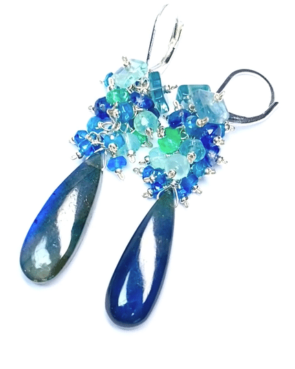 Blue Labradorite Long Gemstone Cluster Earrings - Natural Blue & Green Stone Dangle Earrings in Sterling Silver - Perfect for Boho, Wedding & Special Occasions