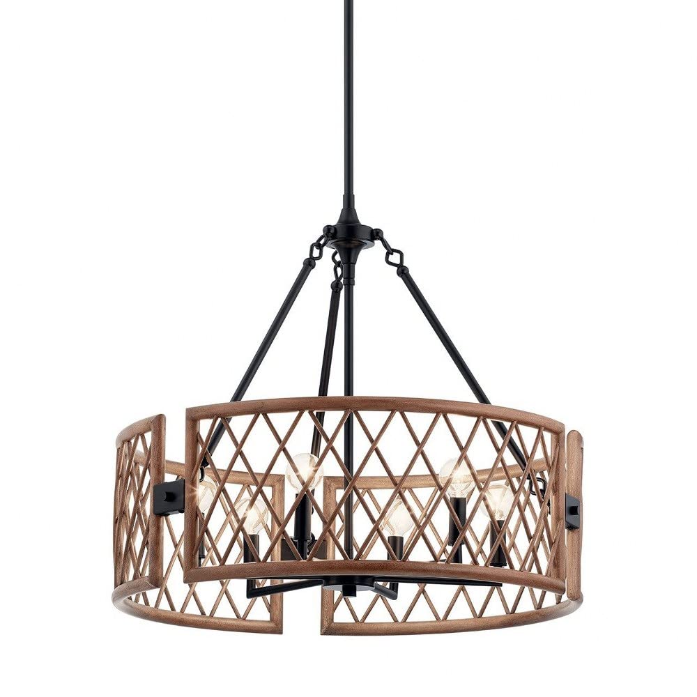 6-Light Country Rustic Wood Lattice Drum Shade Chandelier - Farmhouse Ceiling Light Fixture for Dining Room, Kitchen, Living Room & Bedroom
