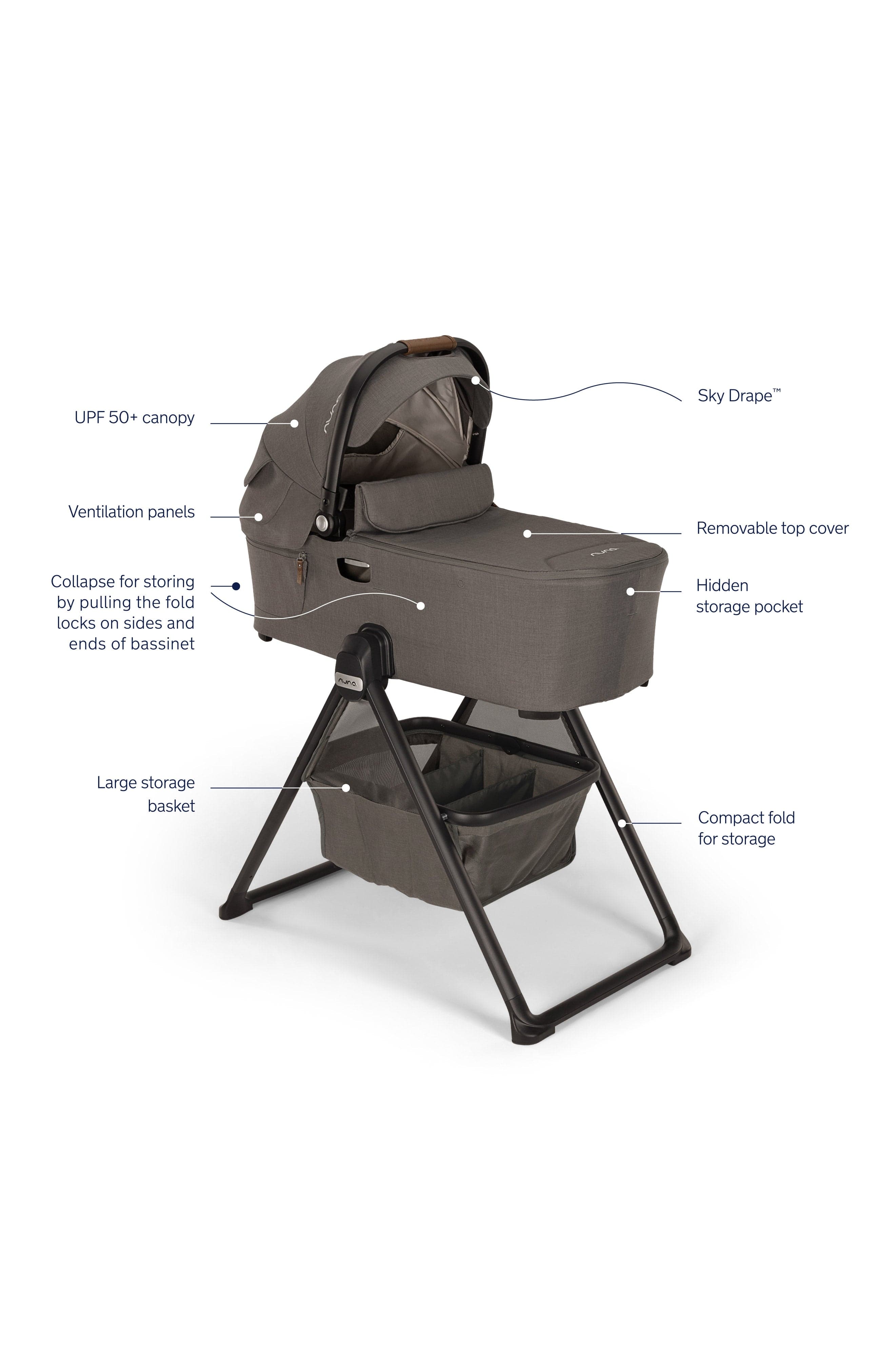 Nuna DEMI Next Bassinet with Stand - Granite Gray | Premium Baby Bassinet for Newborns | Perfect for Nursery, Bedroom & Travel