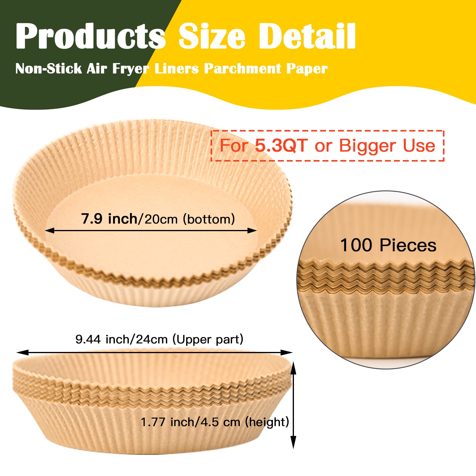 100PCS AW&SH Air Fryer Liners - 7.9 Inch Non-Stick Parchment Paper Sheets for Oil-Proof Cooking | Perfect for Air Fryers, Toaster Ovens & Baking | Disposable & Easy Cleanup