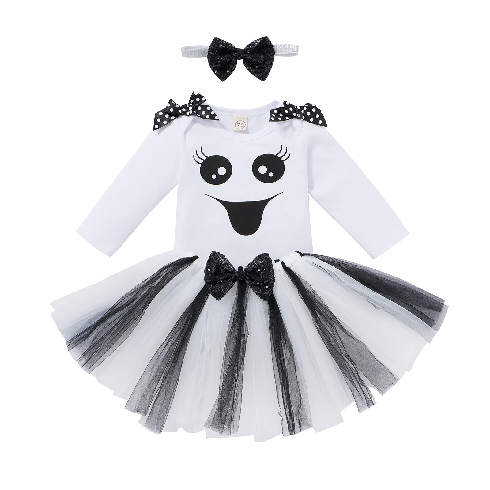 Halloween Baby Girl Outfit - Cute Long Sleeve Romper with Tutu Skirt & Bow | Infant Snow Costume Set for Holiday Photos & Parties