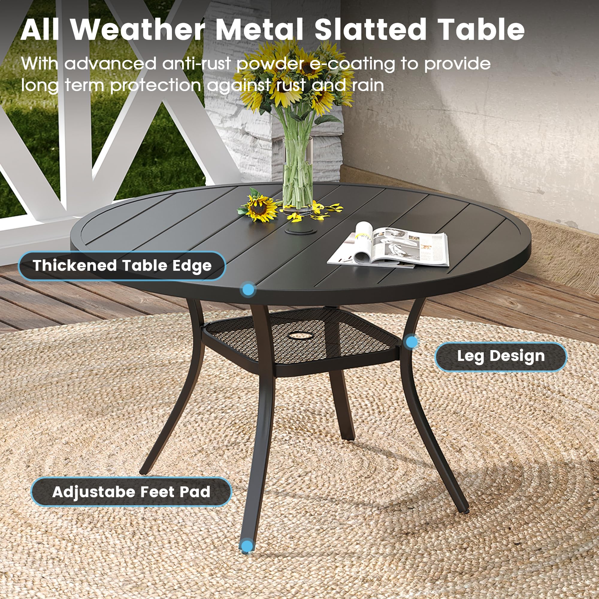DIFY 4-Person Round Outdoor Dining Table with Umbrella Hole - Weatherproof Patio Table for Garden, Backyard, Porch & Balcony - Perfect for BBQs, Poolside Dining & Outdoor Entertaining (Black)