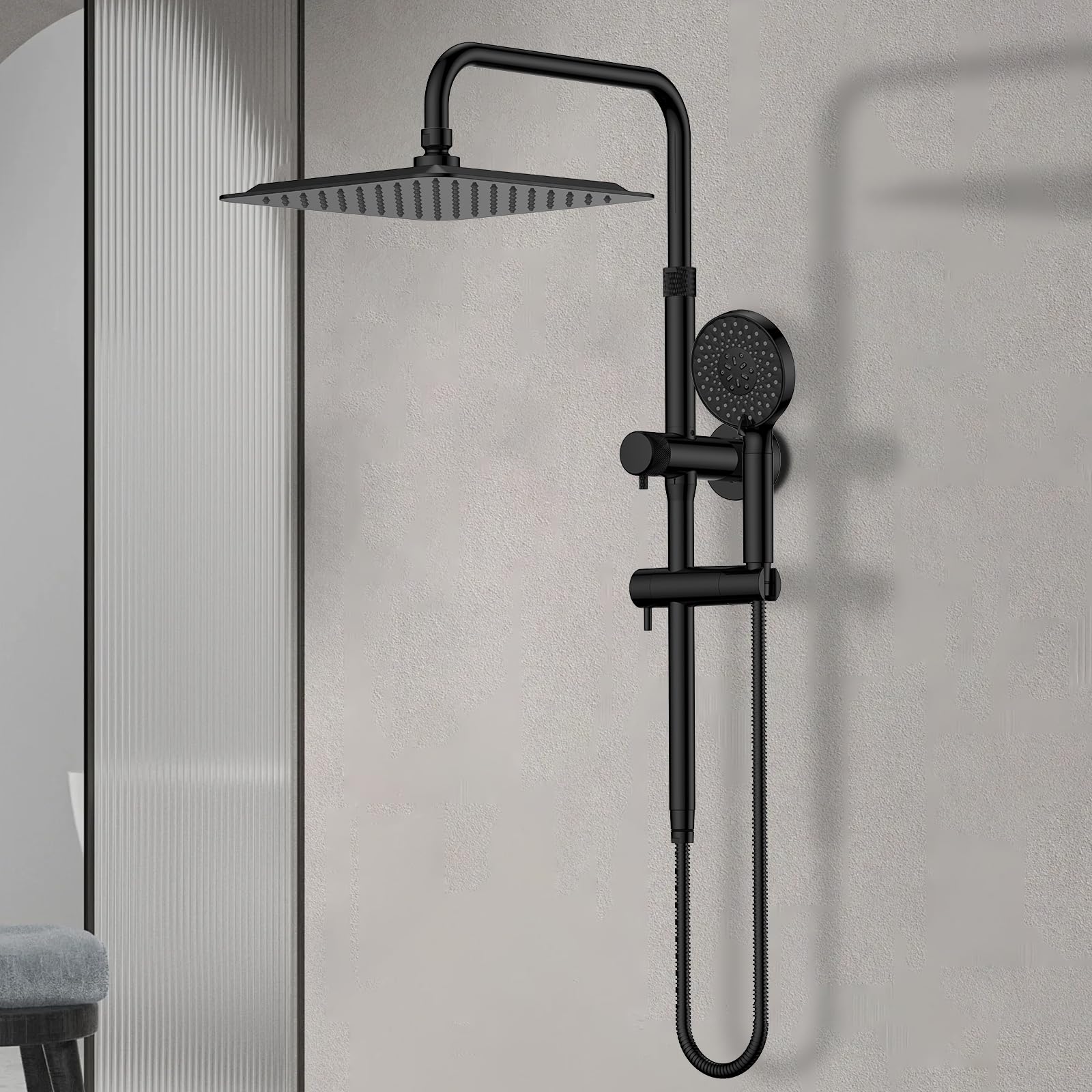 10 Inch All Metal Rainfall Shower Head with Handheld Combo - High Pressure 9 Mode Shower System, Adjustable Extension Arm & Slide Bar in Matte Black - Perfect for Spa-Like Bathroom Experience & Modern Home Upgrade