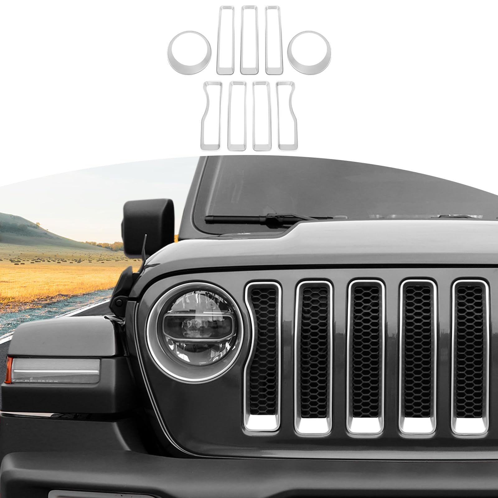 RT-TCZ Silver Mesh Front Grille Grill Insert & Headlight Cover Trim for Jeep Wrangler JL/JLU (2018-2022) - 9-Piece Exterior Accessories Kit for Off-Road Protection & Style Enhancement
