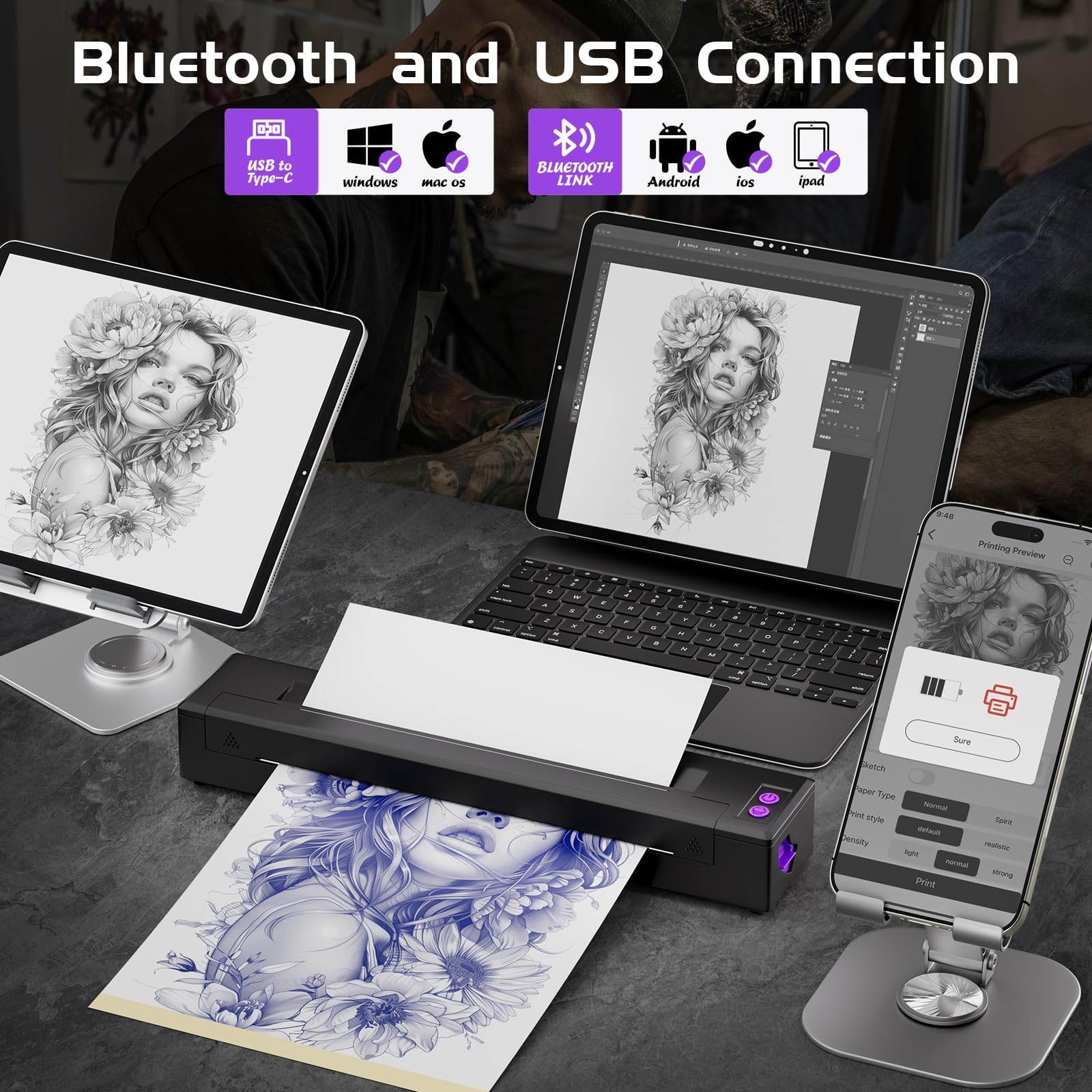 Upgraded P20 Wireless Tattoo Stencil Printer Kit - Professional Tattoo Machine with 20 Transfer Papers for Tattoo Artists & Beginners | Perfect for Home Studios & Tattoo Shops