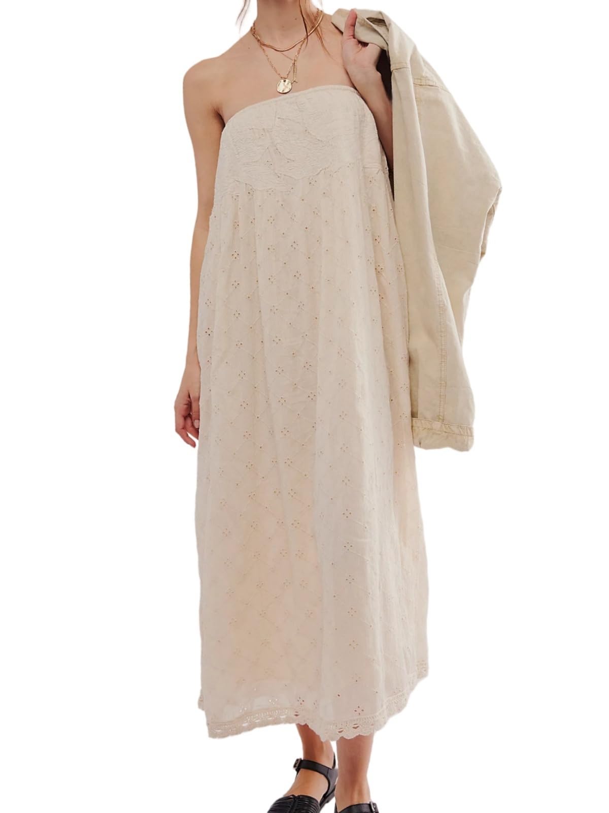 Women's Strapless Maxi Dress - Summer Off Shoulder Solid Color Hollow Out Formal Gown for Wedding Guest, Beach Party & Evening Occasions