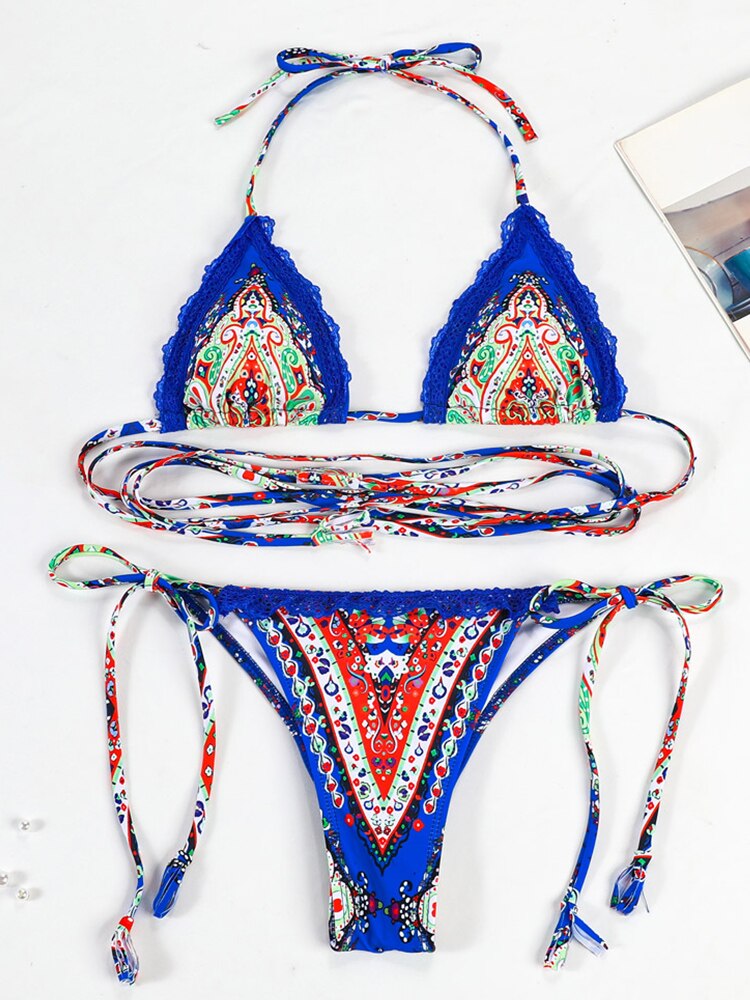 Sexy High Cut Lace Halter Bikini Set - Micro Folds Bathing Suit for Women | Perfect for Beach Vacation, Pool Party & Summer Swimwear