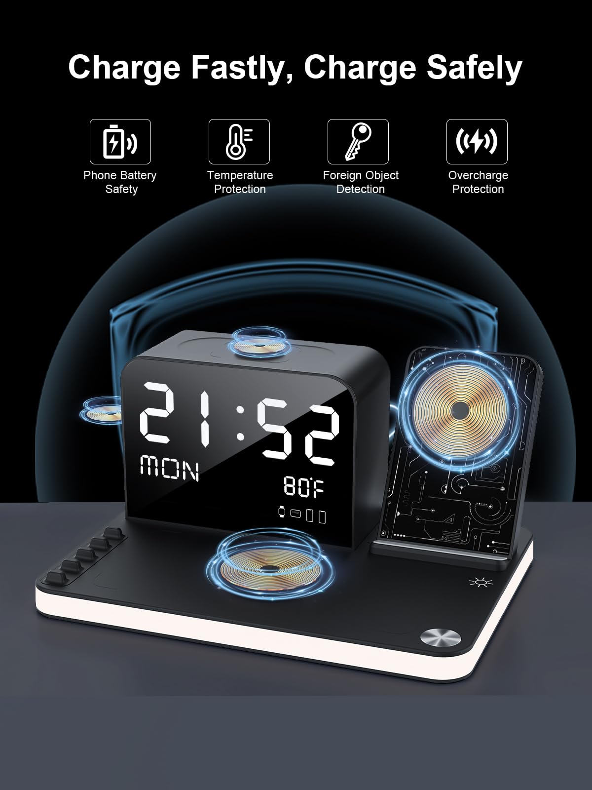 7-in-1 Wireless Charging Station for iPhone 16/15/14/13/12 Series, AirPods, iWatch & Android Phones - 33W Fast Charger with Night Light, Bluetooth TimeSync & Temperature Display | Perfect for Bedside, Office Desk & Travel Charging