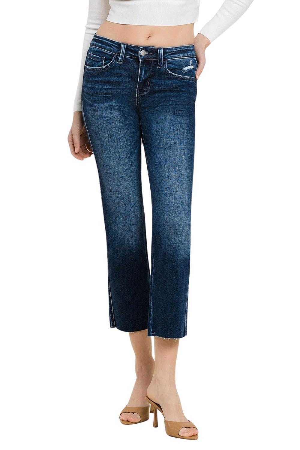 Flying Monkey Women's Mid-Rise Cropped Straight Leg Jeans - Comfortable Stretch Denim Pants for Casual Wear | Perfect for Work, Weekend Outfits and Everyday Style