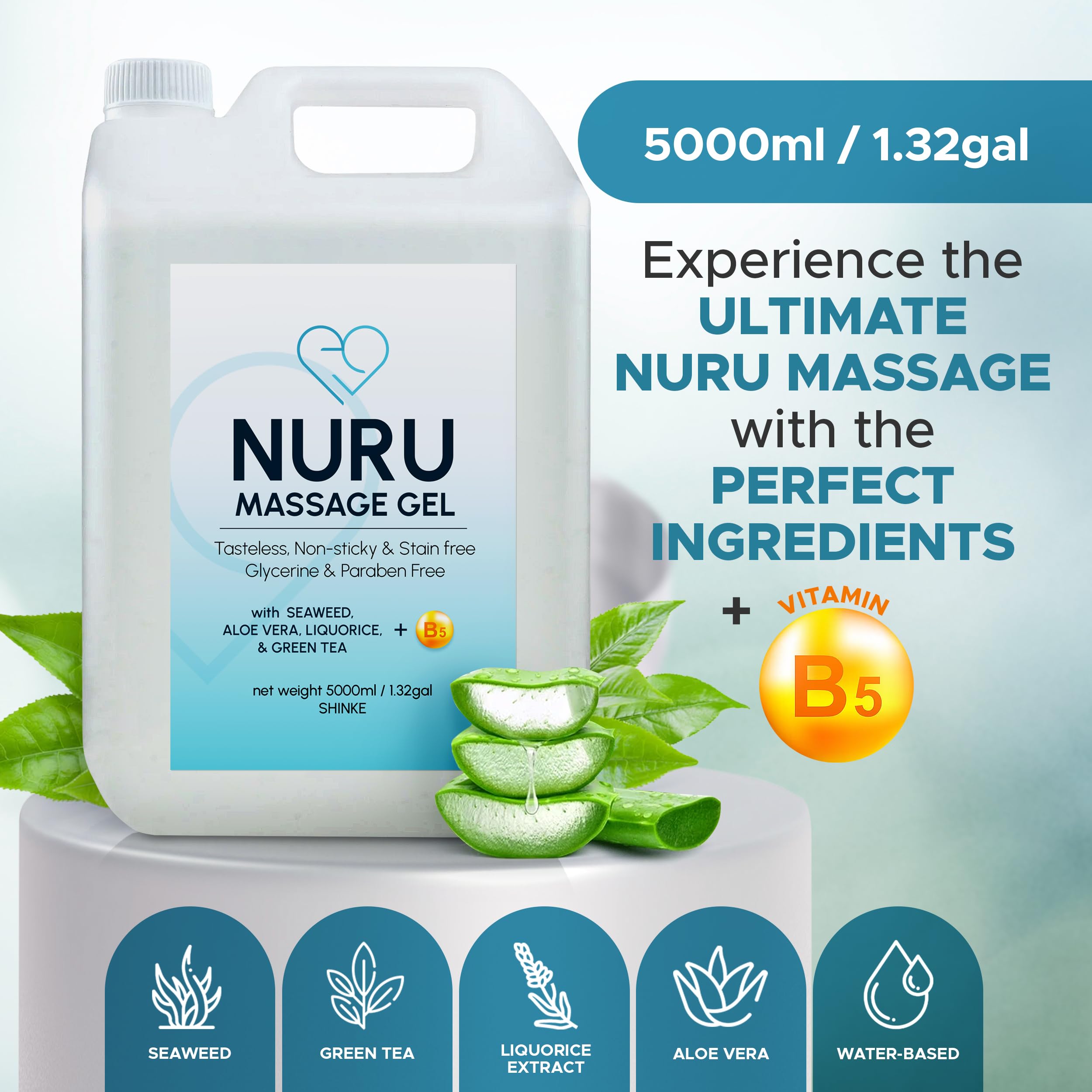 Premium Japanese Nuru Massage Gel - 1.32 Gallon with Aloe Vera, Seaweed, Green Tea & Vitamin B5 for Sensual Couples Massage & Spa Relaxation