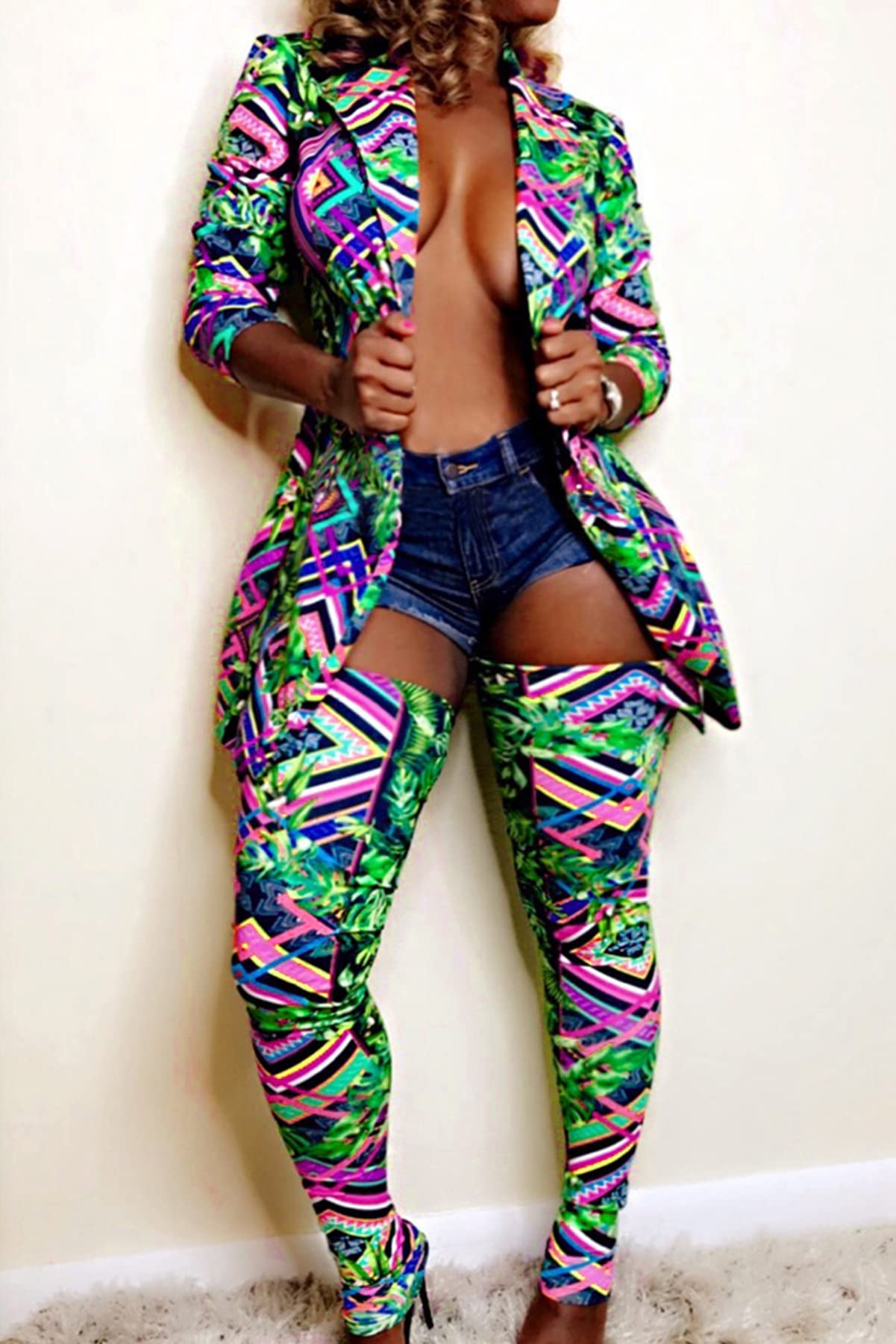 Sexy Women's 2-Piece Outfit Set - Open Front Blazer Jacket with Thigh-High Stockings & Leggings | Office Wear, Night Out, Cosplay Costume
