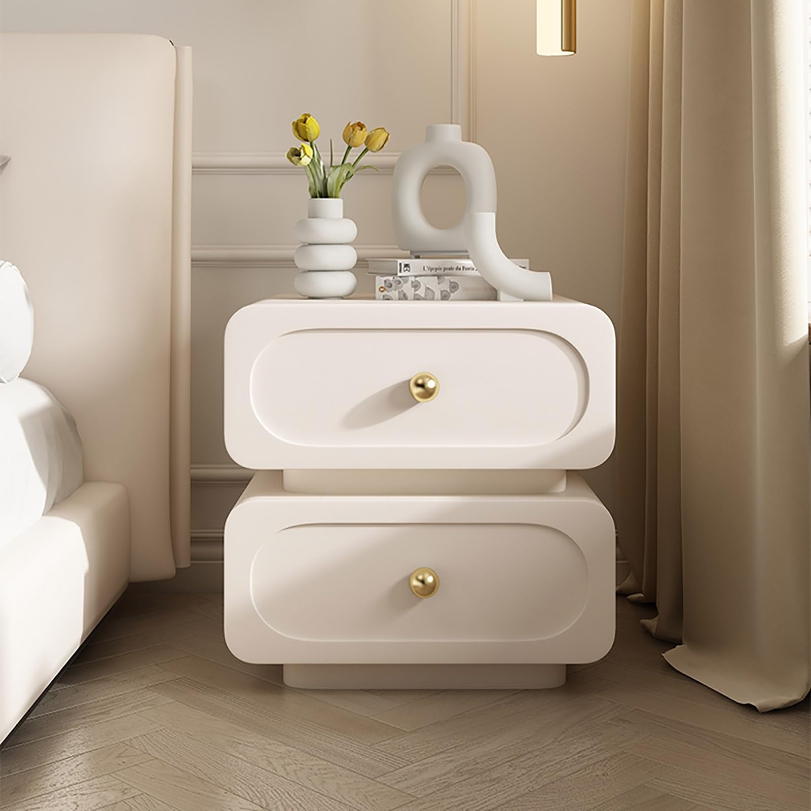 Modern Minimalist Solid Wood Bedside Table with Storage Drawers - White Nightstand for Bedroom, Wooden Side Table with Cabinet, Compact Chest of Drawers for Small Spaces | Perfect for Bedroom Organization, Guest Rooms & Apartment Living