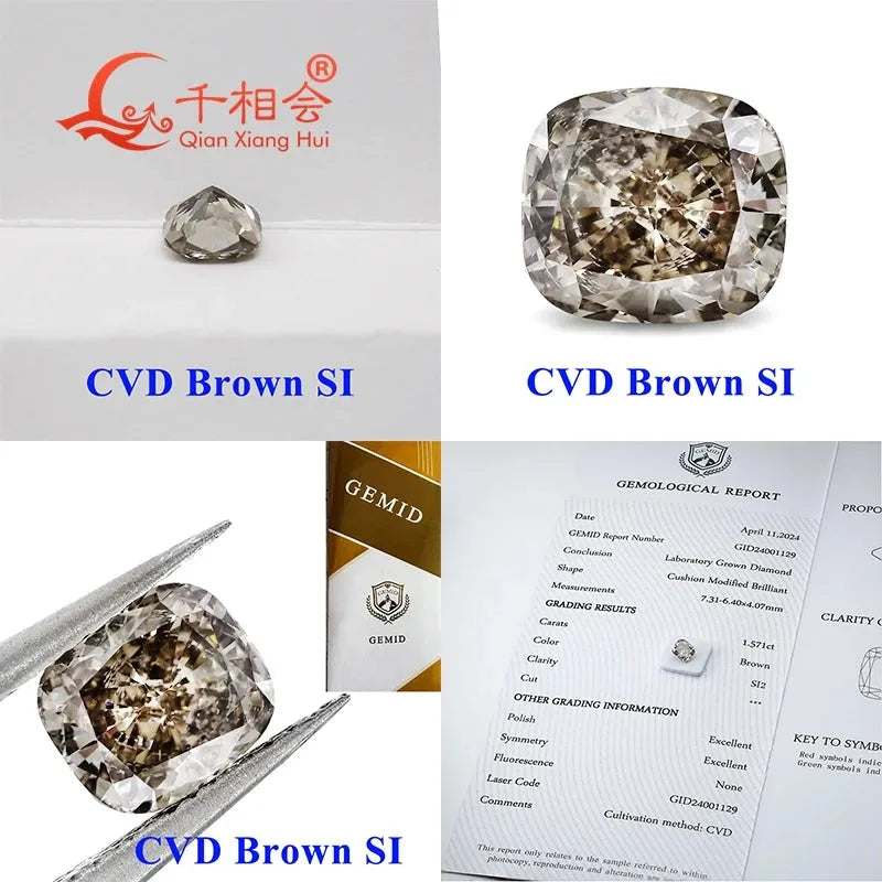 1.5ct Brown CVD Lab Grown Diamond - VS/SI Clarity, Cushion Shape, GEMID Certified Loose Stone for Jewelry Making & Engagement Rings