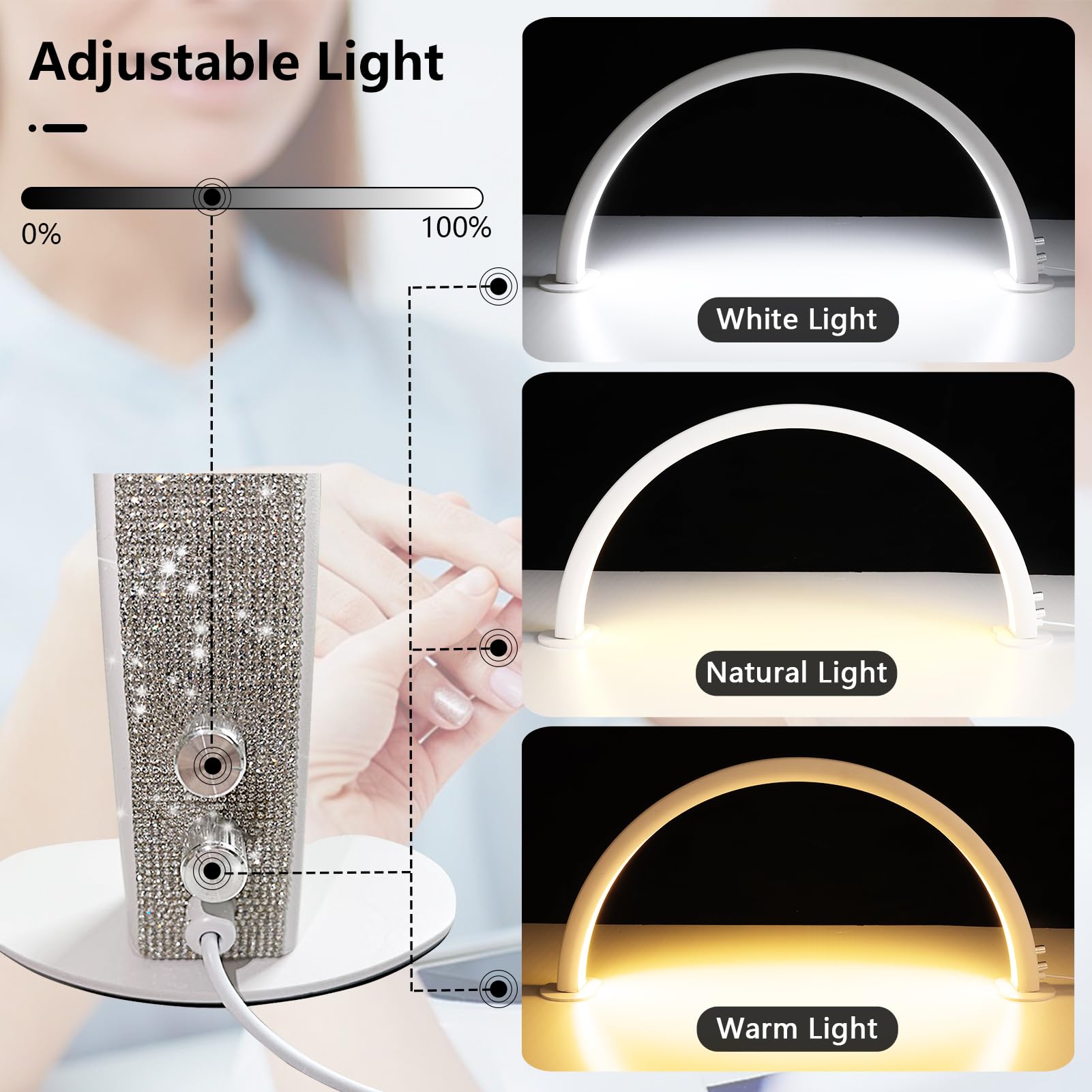 Half Moon LED Nail Desk Lamp - 29 Inch Adjustable Nail Tech Light with Stepless Dimming & 3 Color Temperatures - Arch Manicure Lighting for Salon, Home Nail Art Studio & Professional Nail Technicians