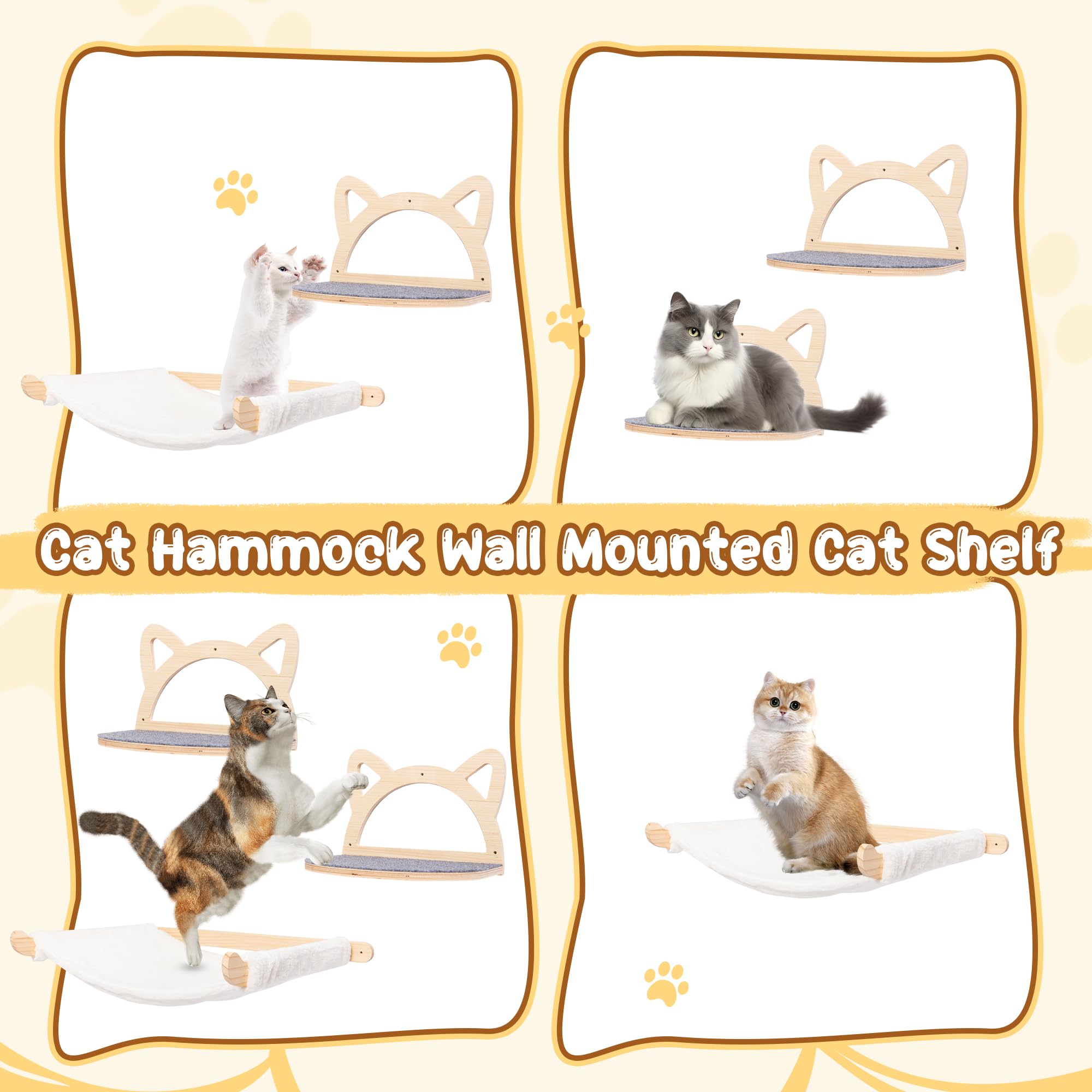 Defined Deco Cat Wall Shelves - Wall Mounted Cat Perches with XXL Hammock & 2 Climbing Steps, Multi-Level Cat Furniture with Scratching Mat for Play, Sleep & Lounge - Perfect for Indoor Cat Climbing, Resting & Exercise in Small Spaces