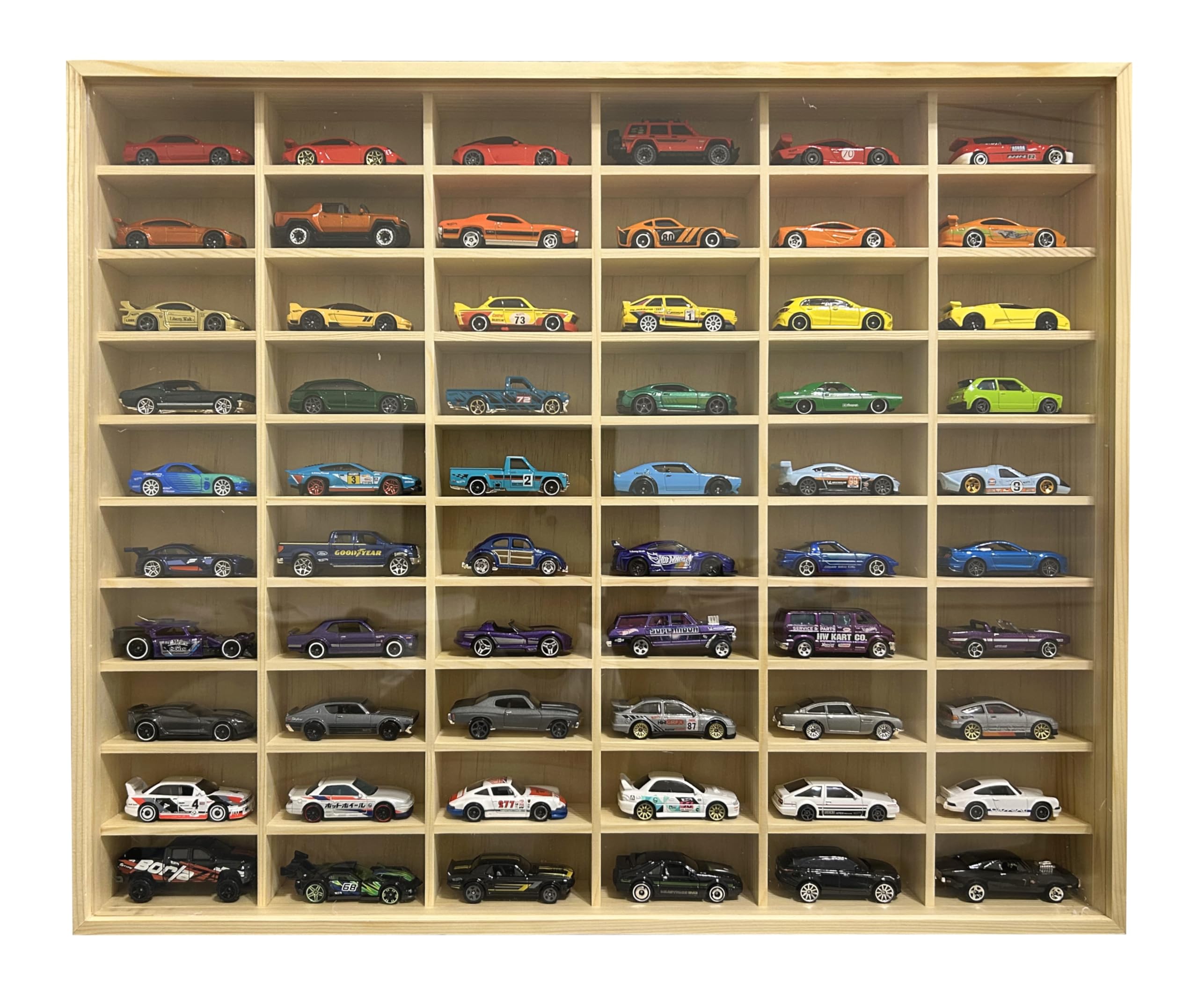 Wooden Wall Mount Display Case for Hot Wheels & Matchbox 1/64 Scale Diecast Cars - Dust Resistant Door Holds 60 Model Cars - Perfect for Collectors & Toy Car Storage Organization (Home Office, Man Cave, Kids Room Decor)