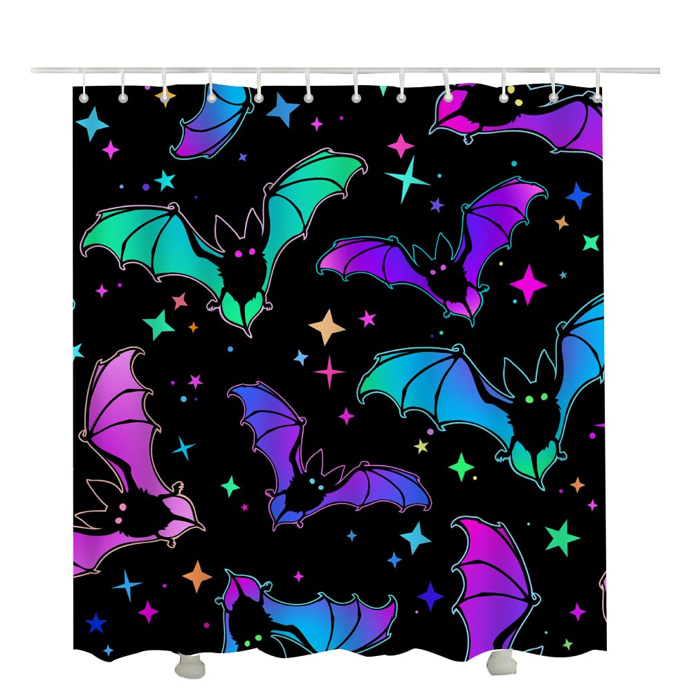 IBILIU Colorful Bats Shower Curtain Set - 72x84 Inches Halloween Bathroom Decor in Purple, Pink & Green - Waterproof Polyester Fabric with 12 Hooks - Perfect for Spooky Bathroom Makeover & Halloween Party Decorations
