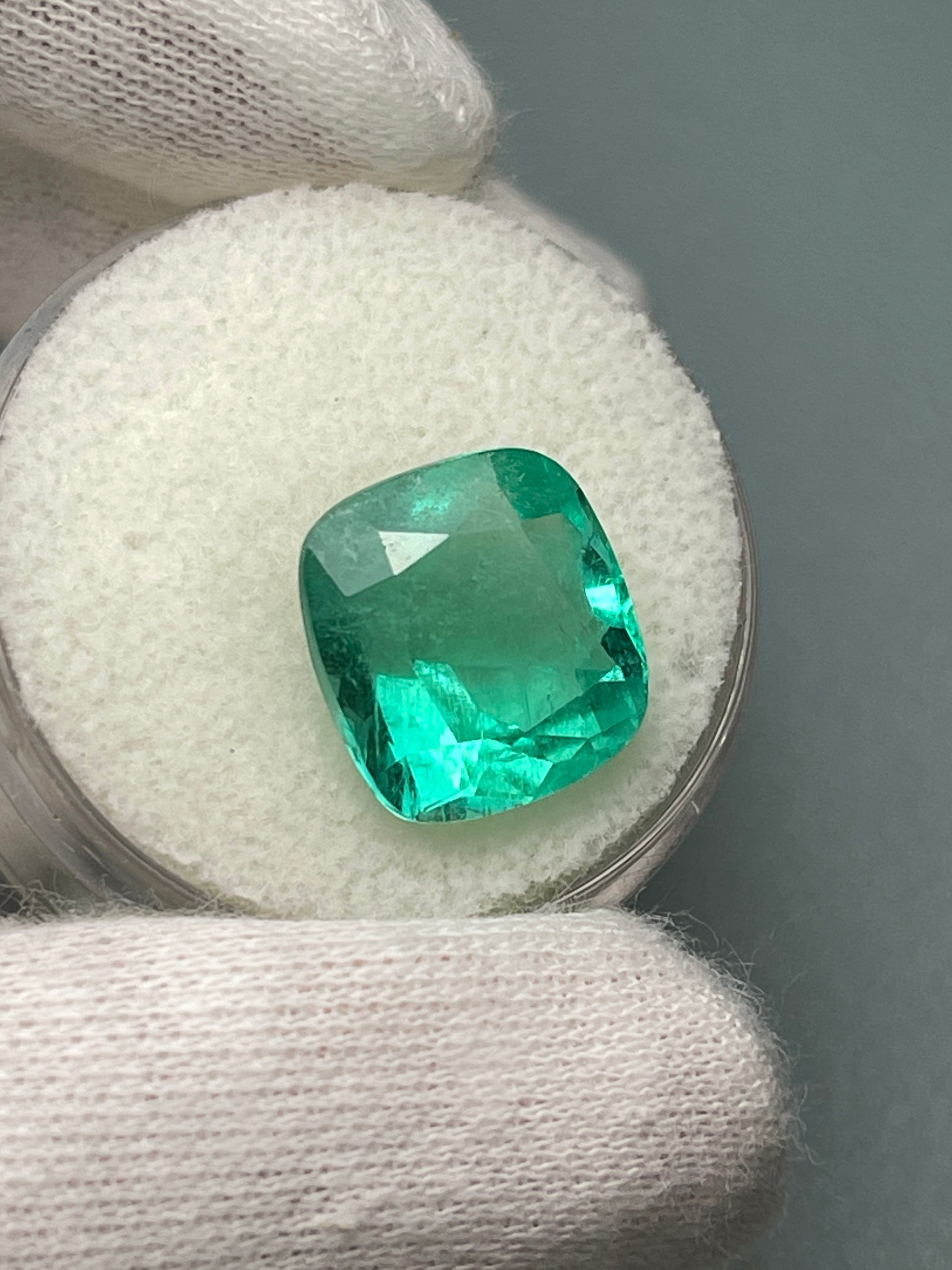 6.65 Carat 12x11.5mm Medium Bluish Green Natural Loose Colombian Emerald Gemstone - Cushion Cut for Jewelry Making, Engagement Rings & Luxury Gifts