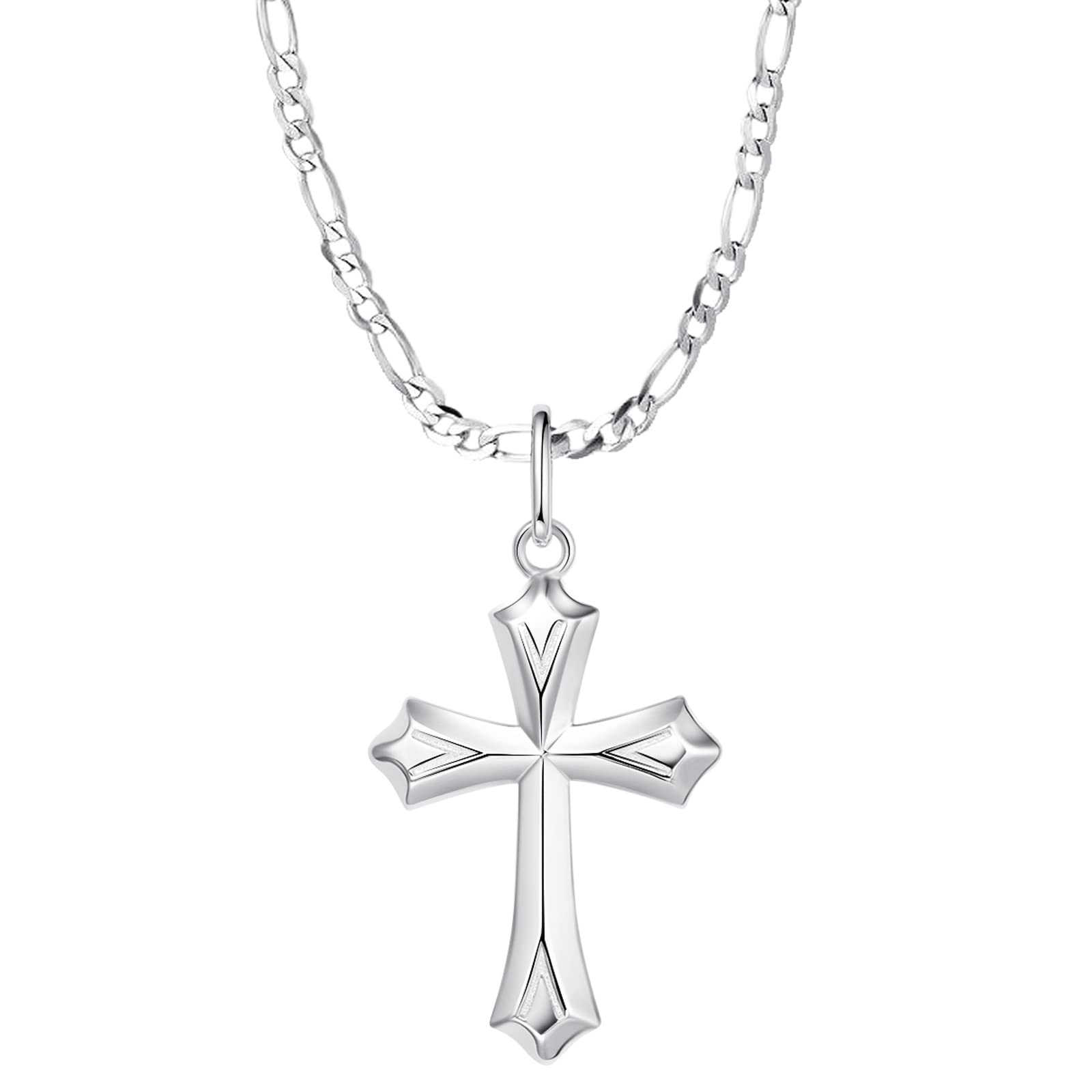 FANCIME 925 Sterling Silver Cross Pendant Necklace for Men - White Gold Plated with 4MM Figaro Chain, 24 Inch - Religious Jewelry Gift for Him, Perfect for Baptism, Confirmation & Daily Wear